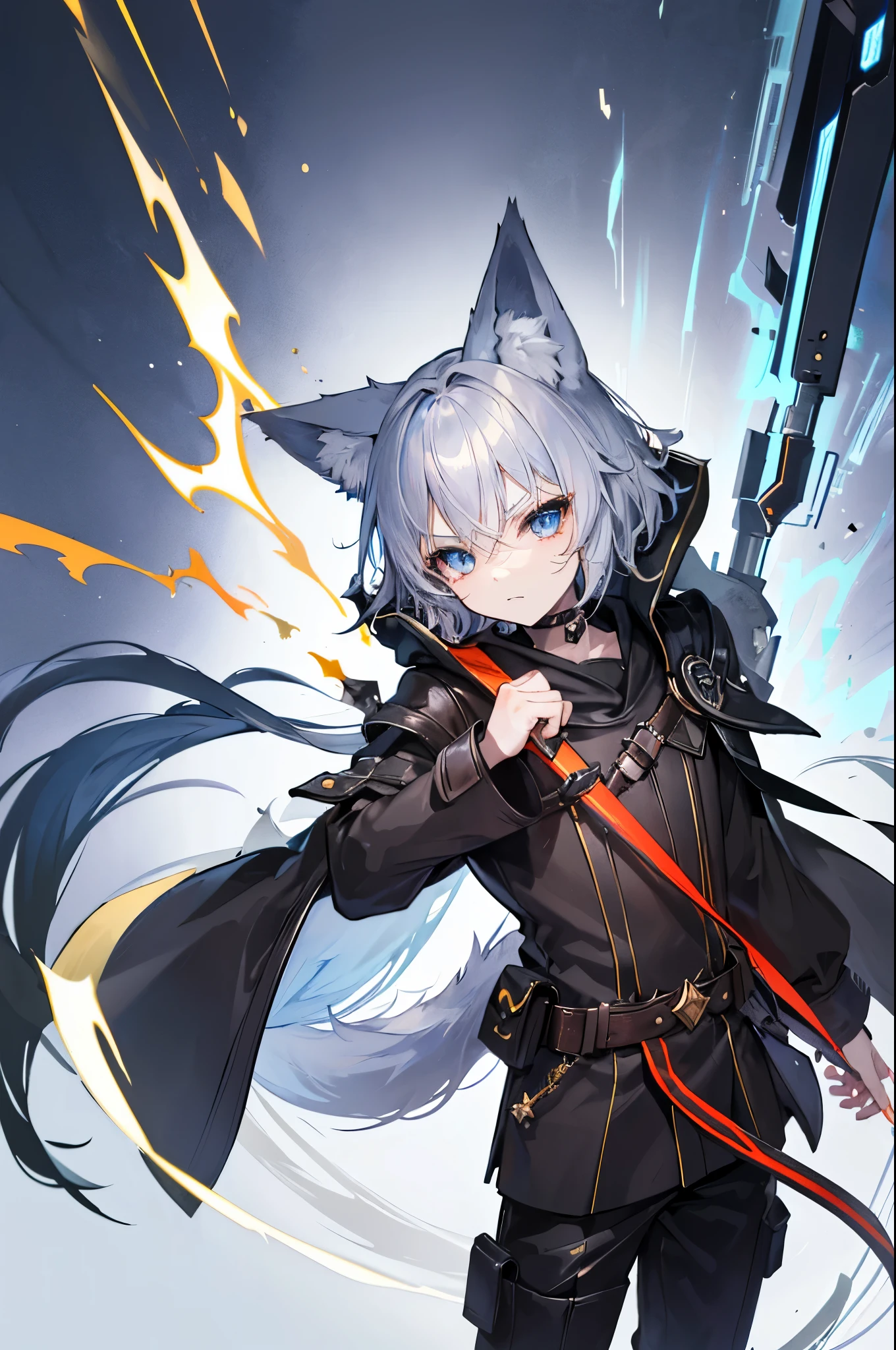 (masterpiece), best quality, expressive eyes, perfect face, 1boy, solo, (light shade hair, cat tail, blue grey hair, fox boy, fox guy, kemonomimi, young male, young boy, catears, light silver white hair, lavender mist color hair and tail, pale blue hair, bluish cyan hair), azure eyes with yellow under shade, yellow eye highlights, azure eyes, (leather robe, brown cape, dark hood), (kid, 17 year old, scared, trauma, afraid, young man), (minimal accessories, satchel, sling bag), staff, spellcasting staff, short young boy, young boy, traumatized, scared and hiding, hiding, poor, ragged clothes, scratched clothing, scared, poor clothing, not rich, basic clothing, short bangs, big eyes, dark brown robe, brown pants, rope tied, fox tail, scared, young face, eyebags, black pants, Harith, Mobile Legends: Bang Bang