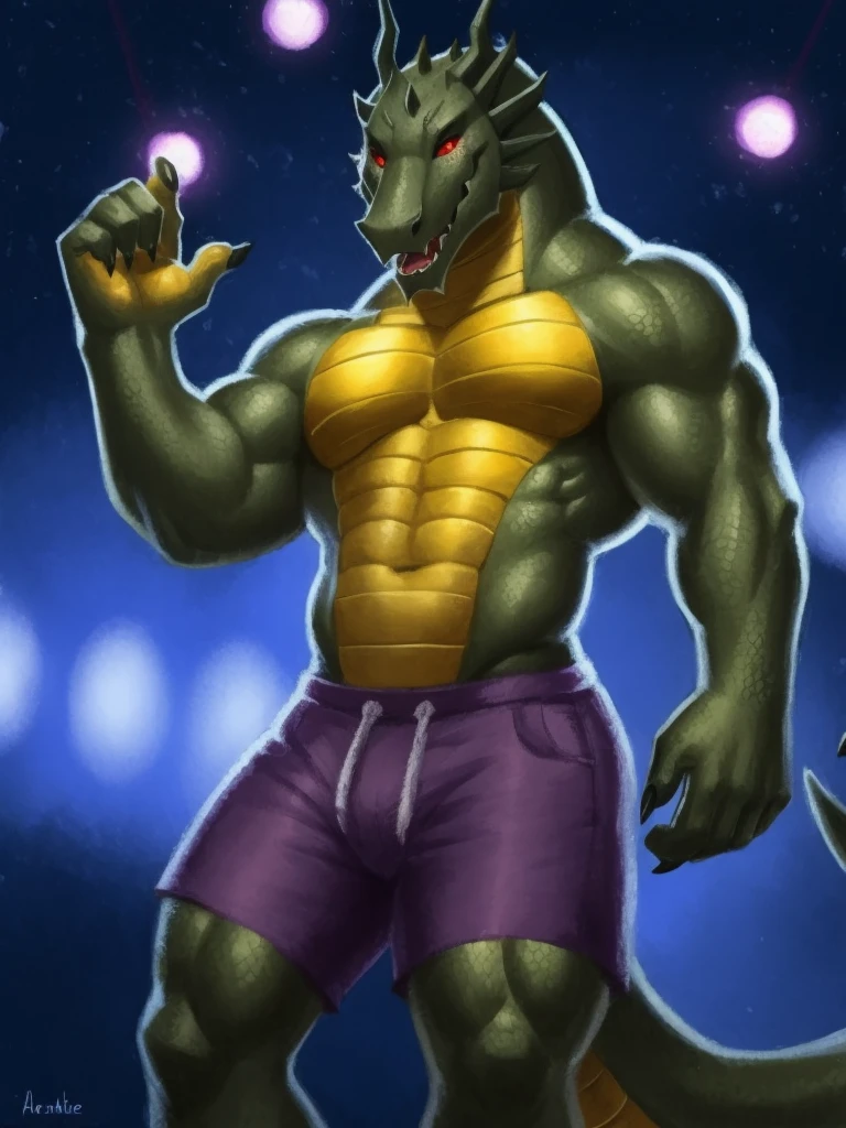 shendu, scalie, reptile, muscular male, red eyes, pecs, green body, horn, abs, finger claws, loose purple shorts, topless male BREAK holding a guitar, singing, in stage, colorful lights, smile, detailed background BREAK [by taran fiddler, Diego Gisbert Llorens:Andy Kehoe:0.4] 