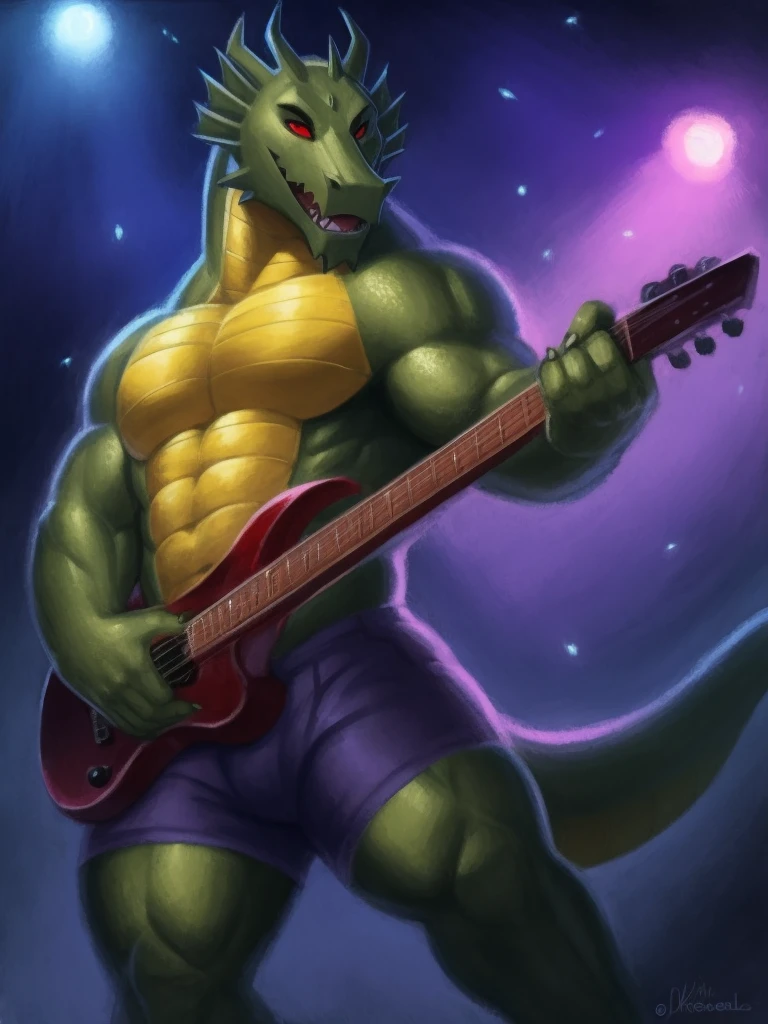 shendu, scalie, reptile, muscular male, red eyes, pecs, green body, horn, abs, finger claws, loose purple shorts, topless male BREAK holding a guitar, singing, in stage, colorful lights, smile, detailed background BREAK [by taran fiddler, Diego Gisbert Llorens:Andy Kehoe:0.4] 