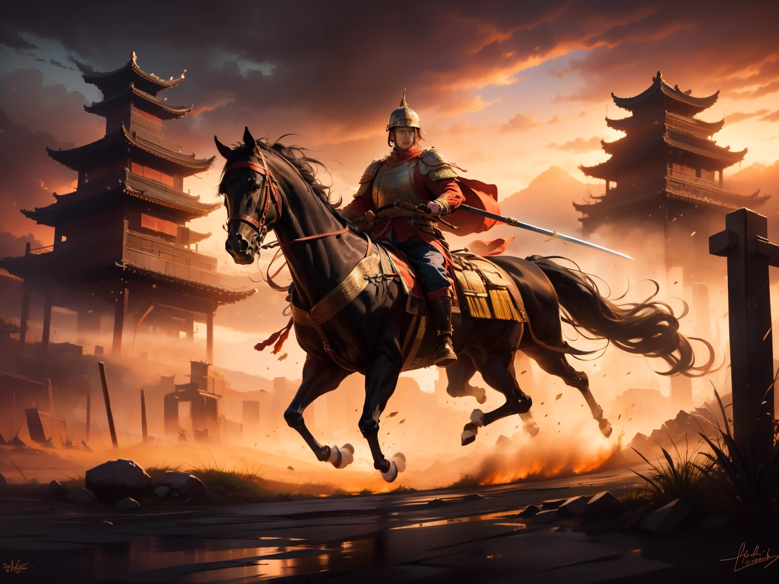(A resolute expression,strong and determined),general,A man with a long sword, Black Horse, Golden helmet, The battle flag behind, Fiery red sunset, Spectacular battlefield, Strong contrasting colors, A shocking scene, A look of certainty, Old castle, Heavy atmosphere, Like a tidal wave, Endless Courage。(best quality,highres,ultra-detailed), (realistic:1.37), HDR, studio lighting, epic painting, vibrant colors, dynamic composition.