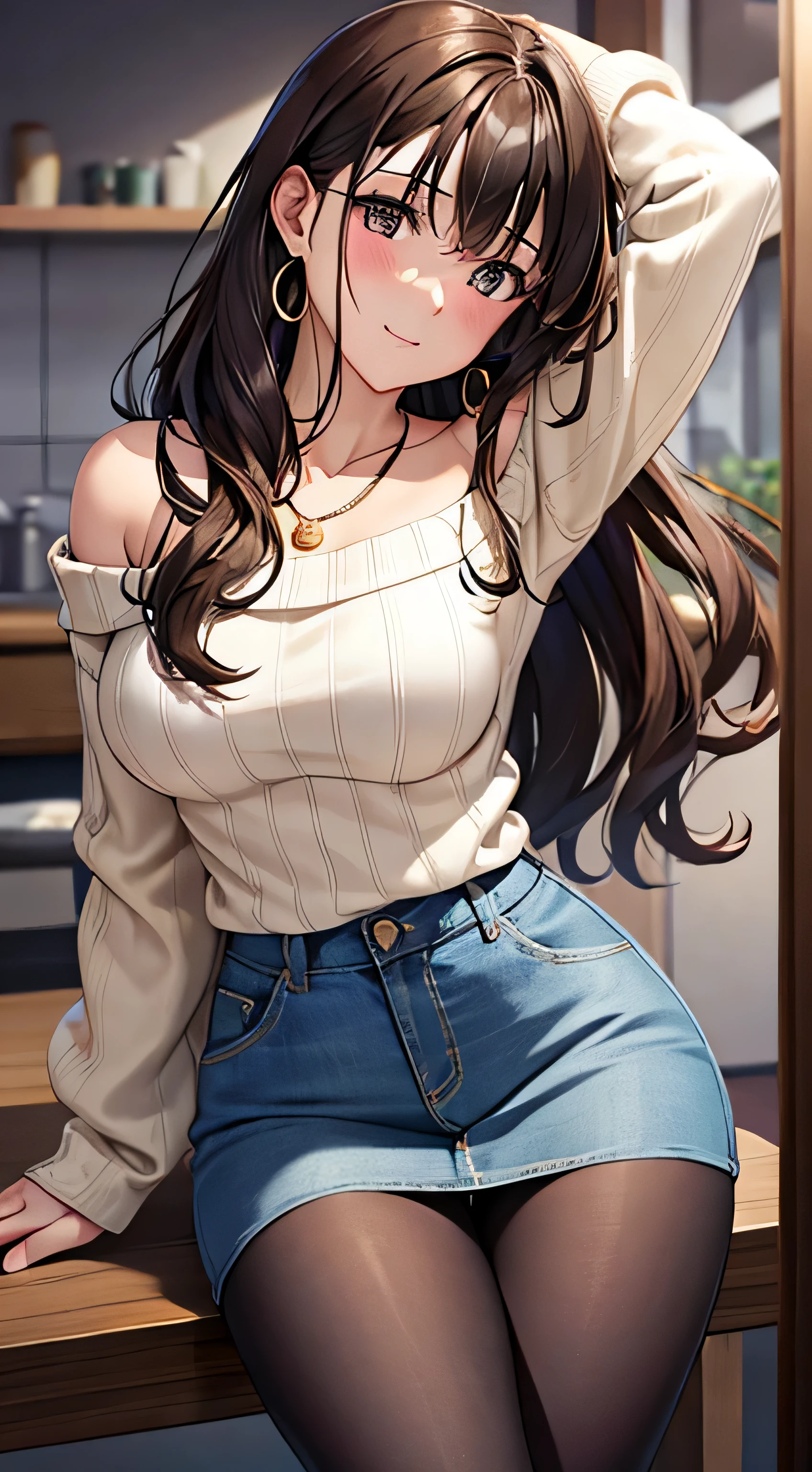 (table top, highest quality, High resolution, , perfect pixel, 4k,), 1 girl, single, alone, Beautiful woman、I could see the whole body、 ((wavy middle hair, bangs, brown hair)), ((brown eyes, beautiful eyelashes, realistic eyes)), ((detailed face, blush:1.2)), ((smooth texture:0.75, realistic texture:0.65, realistic:1.1, Anime CG style)), medium breasts, dynamic angle, perfect body, ((, beige off shoulder sweater、Tight denim skirt、black stockings、cute necklace、earrings、)), upper grade、shy smile、university campus、Gravure Idol Sexy Pose、angle from below、Bring your arms together to emphasize your chest、、Pink lace panties are visible、