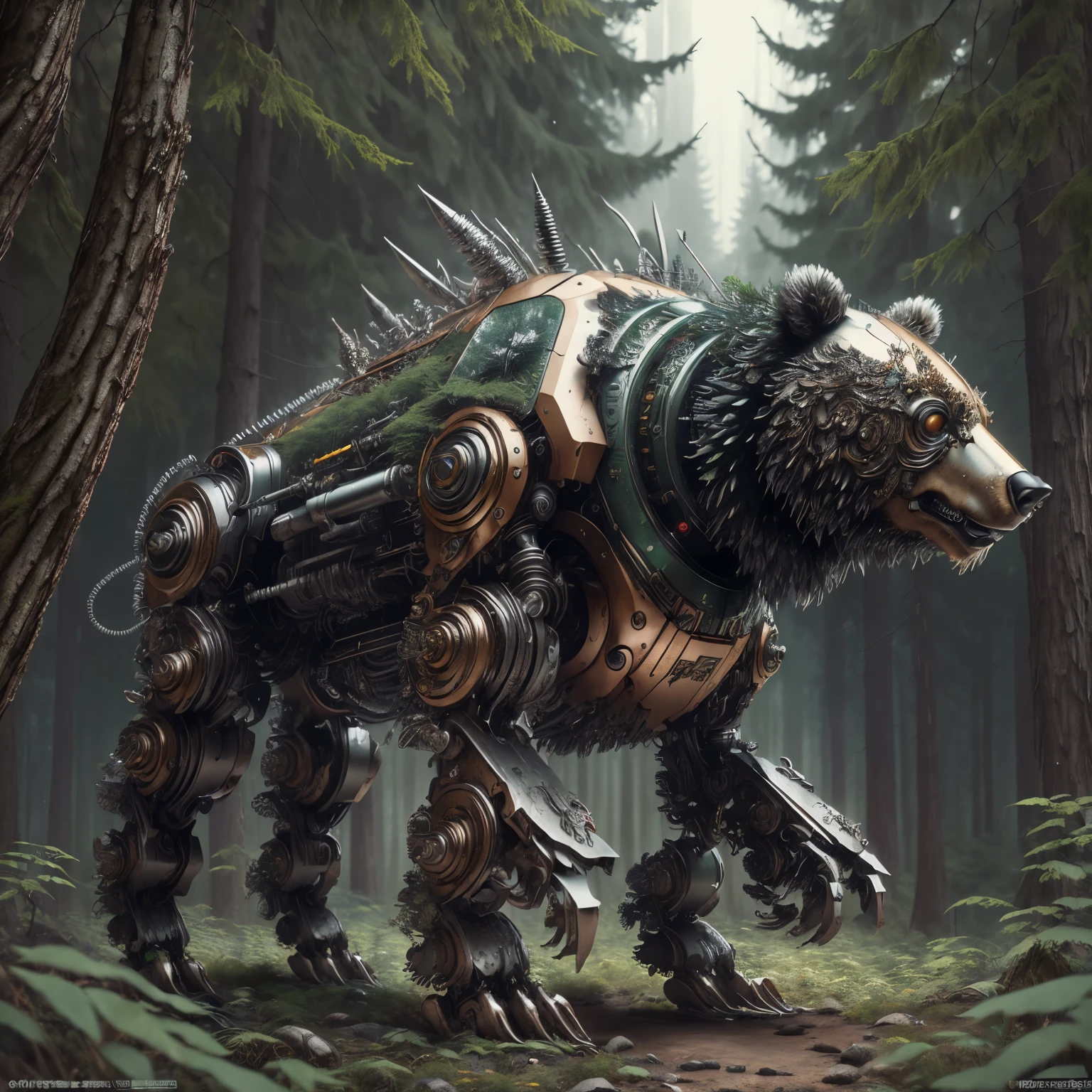 (最high quality, masterpiece, high detail), (8K, high quality, surreal), Bear Cyborg Mech4nim4lAI, (forest), 
