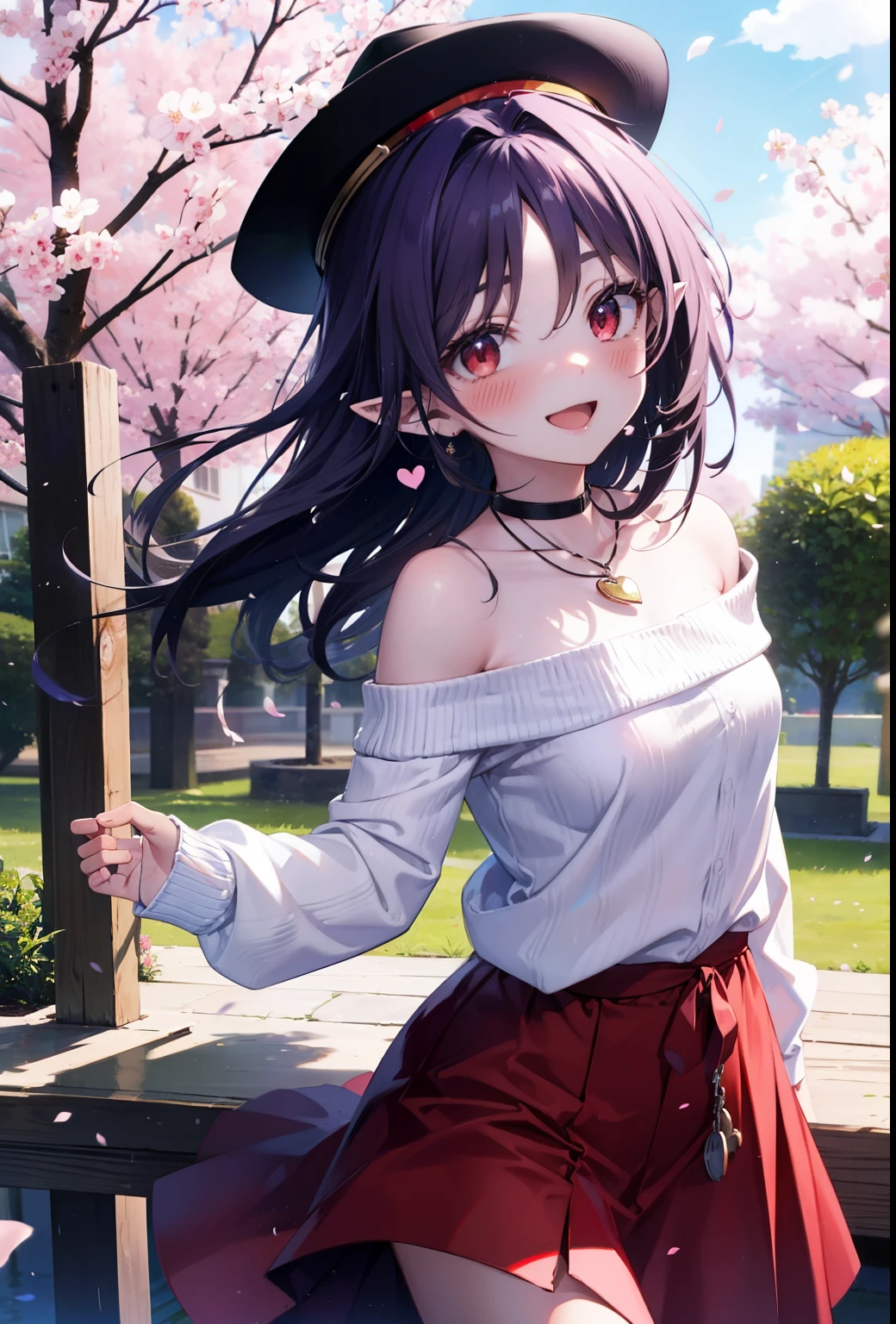 yuukikonno, yuuki konno, long hair, pointy ears, purple hair, (red eyes:1.5), (small breasts:1.2),blush, happy smile, smile, Open-mouth hunting hat,Akabuchi Glasses,White off-shoulder sweater,bare shoulders,naked neck,bare clavicle,Heart shaped pendant,Purple long skirt,white sneakers,Cherry blossoms are scattered,cherry blossoms are blooming,Cherry Blossom Tree-lined Path BREAK looking at viewer, full body,,(cowboy shot:1.5),
BREAK outdoors, garden,
BREAK (masterpiece:1.2), best quality, high resolution, unity 8k wallpaper, (illustration:0.8), (beautiful detailed eyes:1.6), extremely detailed face, perfect lighting, extremely detailed CG, (perfect hands, perfect anatomy),