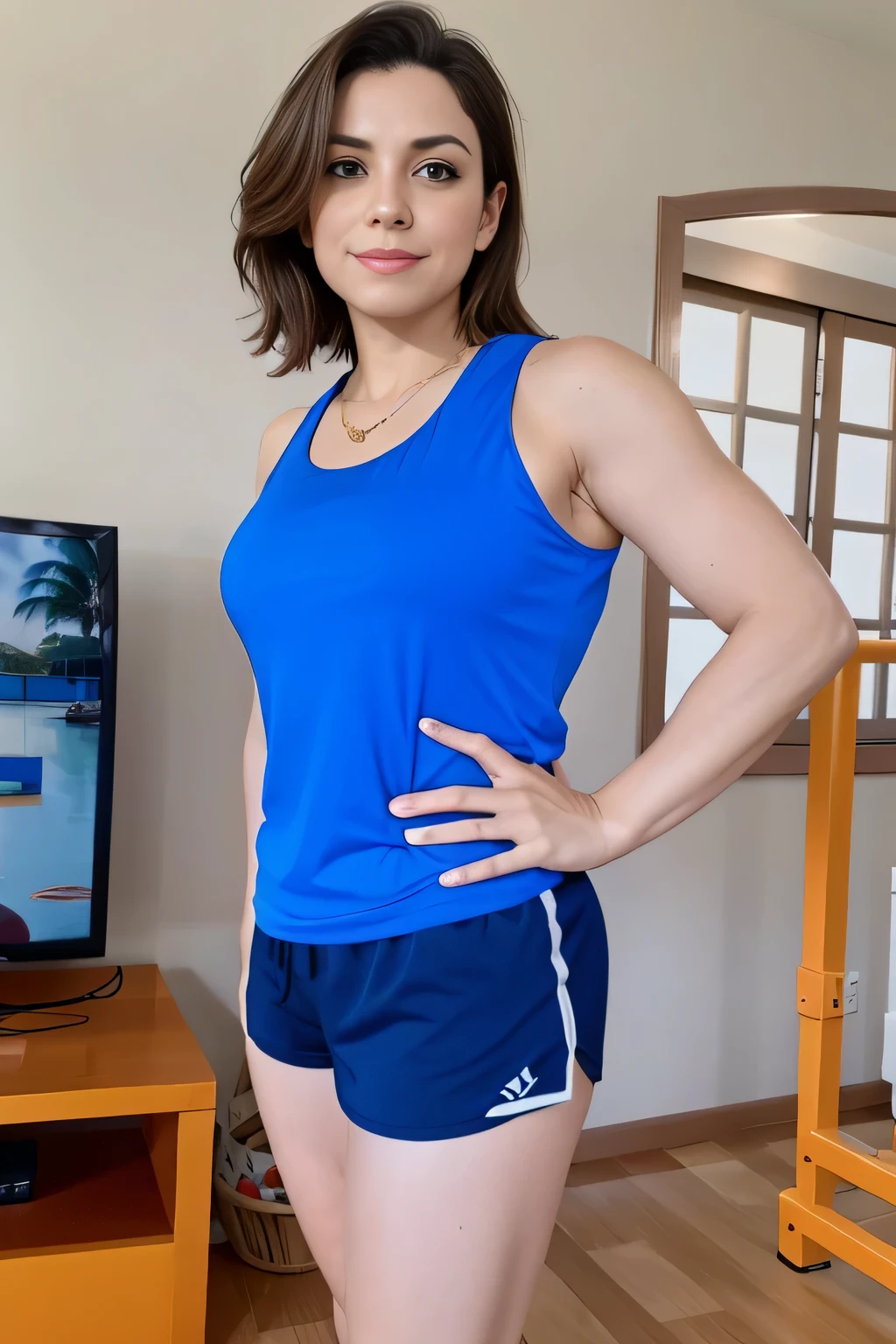 there is a woman standing in front of a television in a living room, short sports shorts and tight, short dark blue shorts, wearing a blue tank top and tight, short shorts, t-shirt and sports shorts, wearing a t-shirt and tight, short shorts, wearing equipment gym, in short shorts, dressed in a top and shorts, short blue shorts, 35-year-old Brazilian mother using gym equipment, fitness body. Full body photo in high resolution and high quality, 8k.