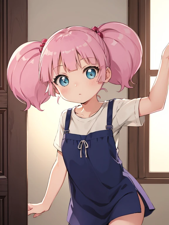 masterpiece, highest quality, very detailed, girl,twin tails, pink hair, hair ornaments,hair bobble, blue eyes,indoors,behind,open your arms