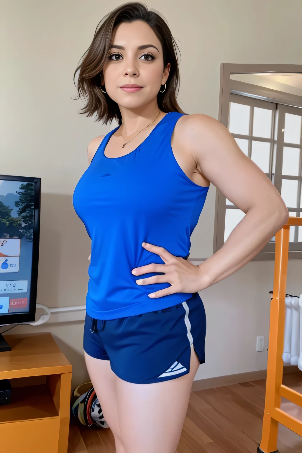 there is a woman standing in front of a television in a living room, short sports shorts and tight, short dark blue shorts, wearing a blue tank top and tight, short shorts, t-shirt and sports shorts, wearing a t-shirt and tight, short shorts, wearing equipment gym, in short shorts, dressed in a top and shorts, short blue shorts, 35-year-old Brazilian mother using gym equipment, fitness body. Full body photo in high resolution and high quality, 8k.