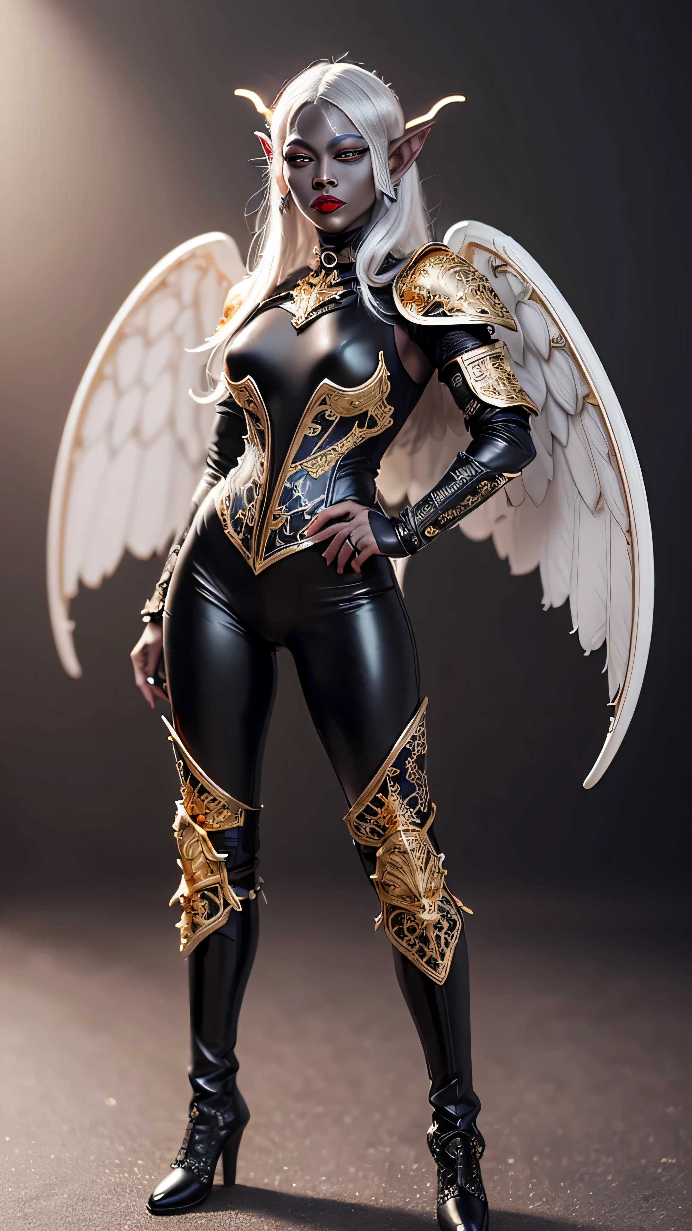((best quality: 1.5)) ((masterpiece: 0.8)), intricate details, sharp focus, professional, real life, realistic representation of the face, dim lighting, flickering shadow, dynamic pose, ((((detailed ((graphite skin miniature drow elf mistress, lacquered black knight armor, gold filigree breastplate, red lips, muscular, leather boots, modest, (glowing white eyes, black angel wings))))), long white hair, full body pose)), photorealistic, hyper-realistic, 8K