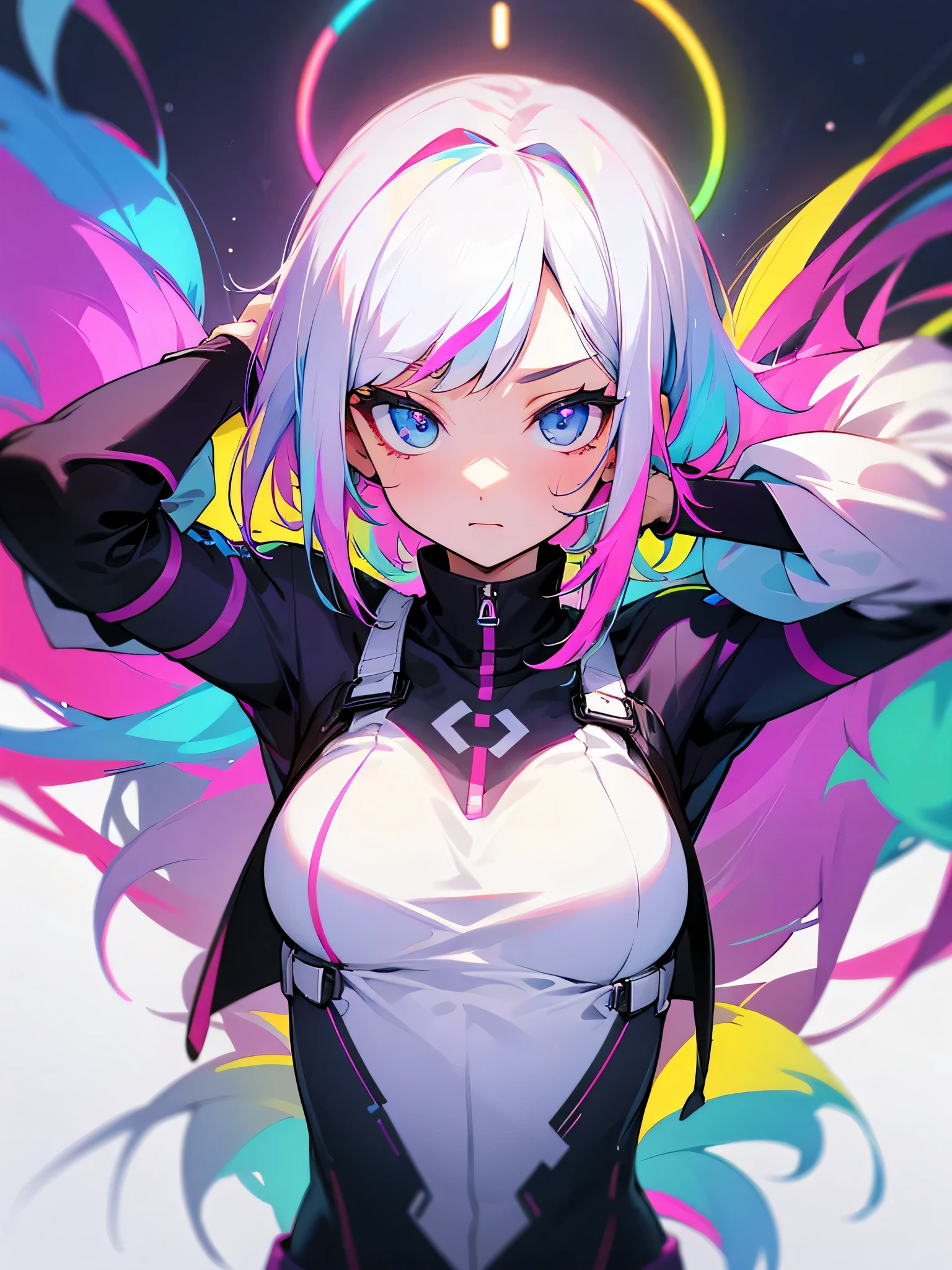 (masterpiece, top quality, neon,best quality,Angle from above、long hair、The body is frontal、Wear thick clothes、watercolor (medium),official art, beautiful and aesthetic:1.2),(1girl:1.3), big breasts、(fractal art:1.3),upper body, from side, looking at viewer,patterns,(rainbow color Hair,colorful hair,half blue and half pink hair:1.2),water,liquid, cloud,colorful, starry,stars, nsfw,