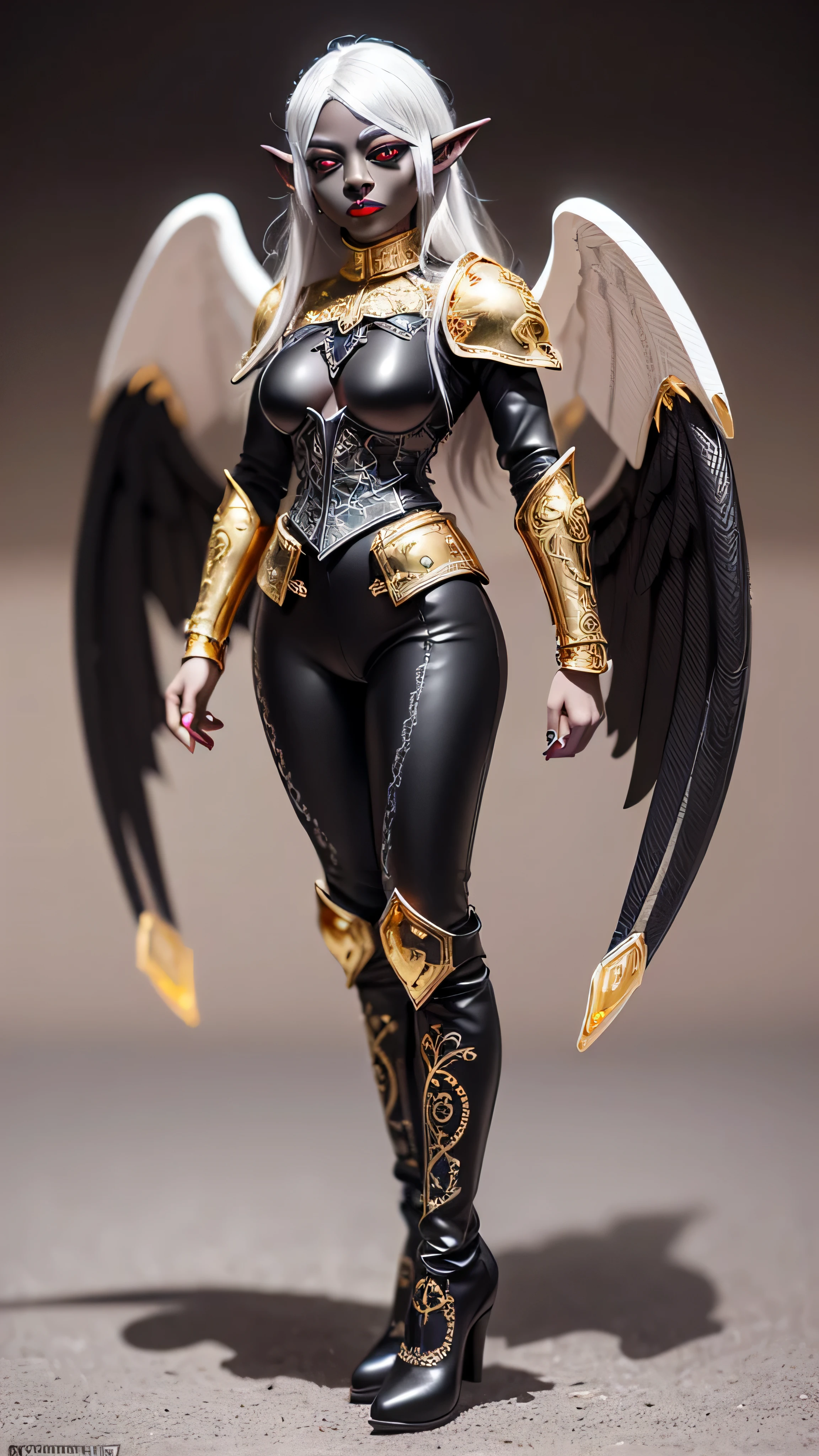 ((best quality: 1.5)) ((masterpiece: 0.8)), intricate details, sharp focus, professional, real life, realistic representation of the face, dim lighting, flickering shadow, dynamic pose, ((((detailed ((graphite skin miniature drow elf mistress, lacquered black knight armor, gold filigree breastplate, red lips, muscular, leather boots, modest, (glowing white eyes, black angel wings))))), long white hair, full body pose)), photorealistic, hyper-realistic, 8K