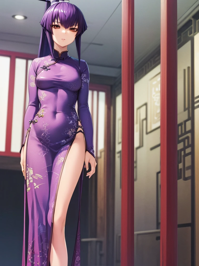 nsfw , Koubuin Yuuhi, , (((highres official art))) , (((1girl))) , (((solo))) , (((see-through China dress))) , blue hair , purple hair , high ponytail , standing ,party venue , (((cowboy shot)))