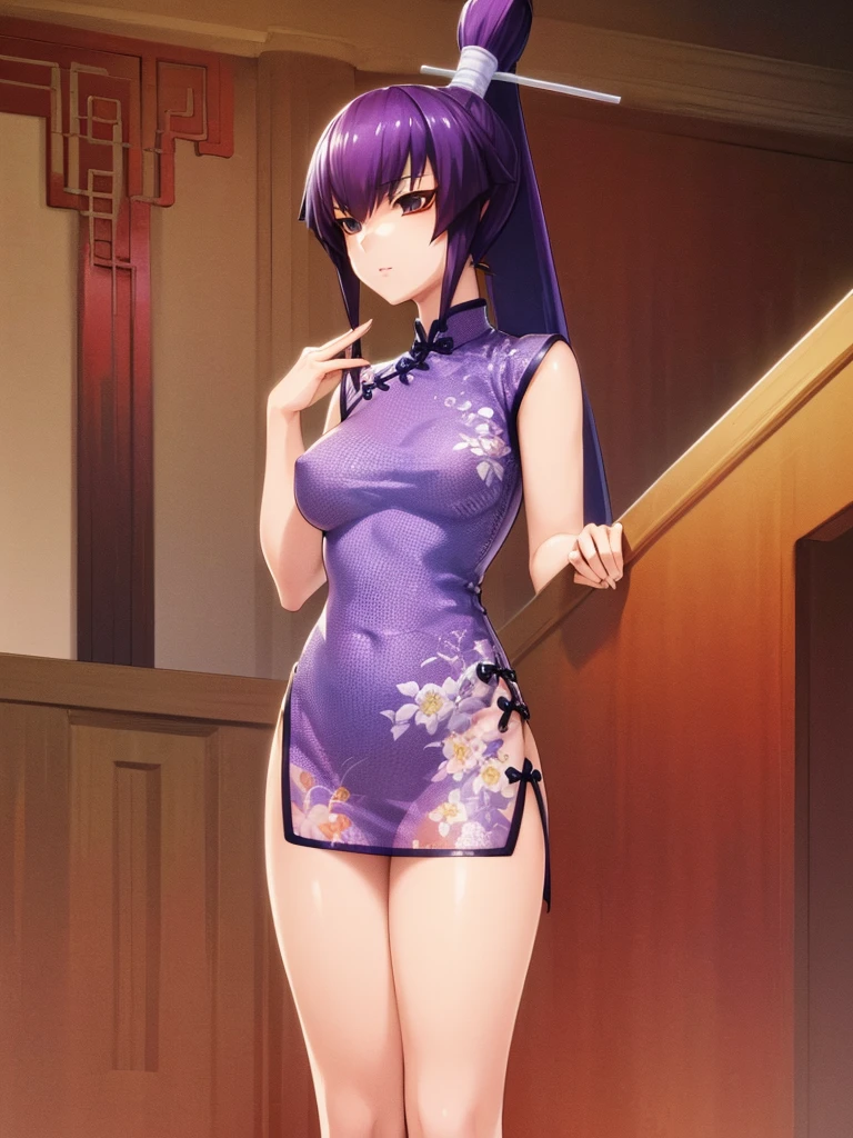 nsfw , Koubuin Yuuhi, , (((highres official art))) , (((1girl))) , (((solo))) , (((see-through China dress))) , blue hair , purple hair , high ponytail , standing ,party venue , (((cowboy shot)))