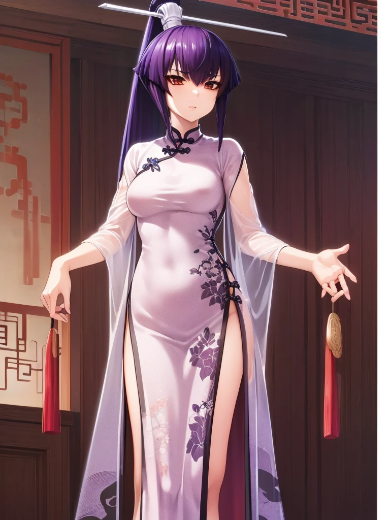 nsfw , Koubuin Yuuhi, , (((highres official art))) , (((1girl))) , (((solo))) , (((see-through China dress))) , blue hair , purple hair , high ponytail , standing ,party venue , (((cowboy shot)))