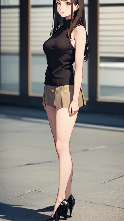 (masterpiece:1.2),(best quality:1.2),(very aesthetic:1.2),(absurdres:1.2), newest,intricate,Cel_animation,1girl,solo,smile,grin, ,brown_hair,twintails,ahoge,hair_intakes,medium_hair,purple_eyes,short_stature,bare_shoulders,flat_chest,navel,tan,one-piece_tan,tanlines,oversized_camisole,white_camisole,no_bra,miniskirt,blue_miniskirt,purple_hair_ribbon,socks,shoes,