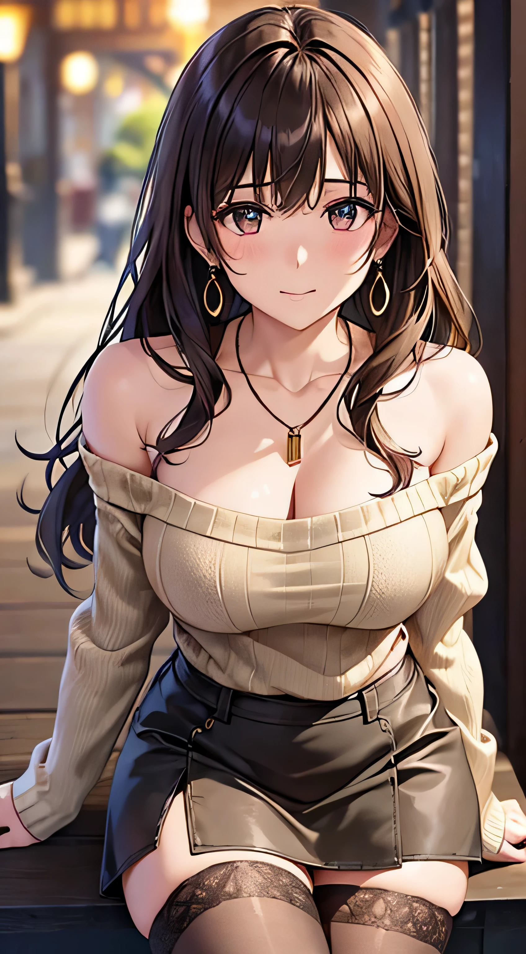 (table top, highest quality, High resolution, , perfect pixel, 4k,), 1 girl, single, alone, Beautiful woman、I could see the whole body、 ((wavy middle hair, bangs, brown hair)), ((brown eyes, beautiful eyelashes, realistic eyes)), ((detailed face, blush:1.2)), ((smooth texture:0.75, realistic texture:0.65, realistic:1.1, Anime CG style)), medium breasts, dynamic angle, perfect body, ((, beige off shoulder sweater、Tight denim skirt、black stockings、cute necklace、earrings、)), upper grade、shy smile、university campus、Gravure Idol Sexy Pose、angle from below、Bring your arms together to emphasize your chest、、Pink lace panties are visible、