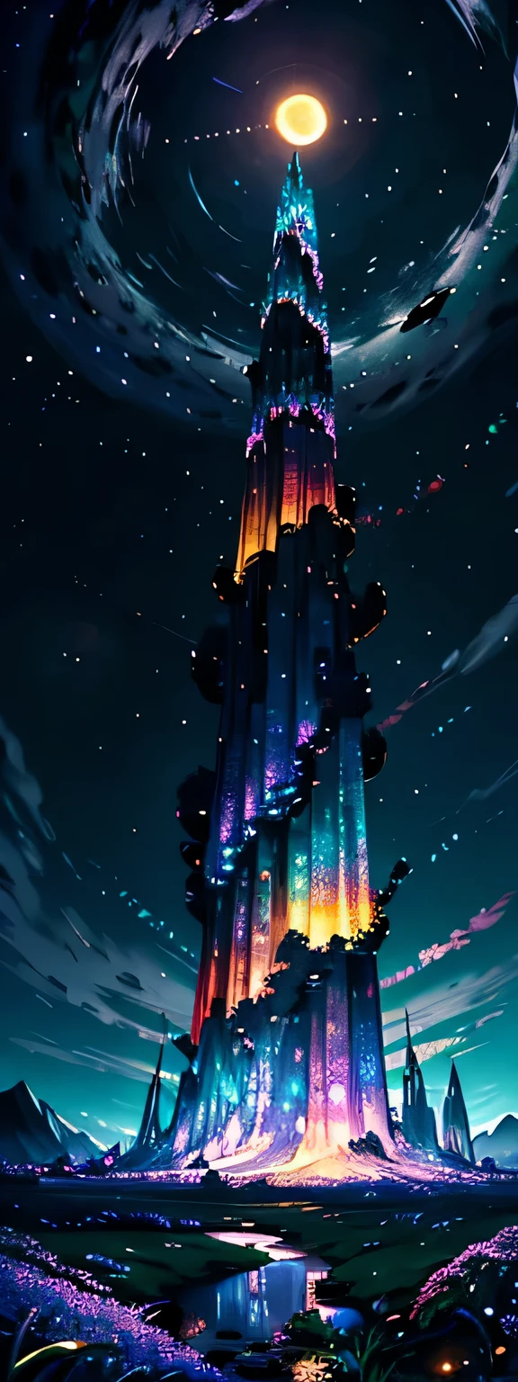 vast landscape photos, (A view of the sky and the wilderness below),  Standing in the flower field and looking up, (full moon: 1.2), (meteor: 0.9), (nebula: 1.3), distant mountains, The art of tree folding, (Warm light source: 1.2), (firefly: 1.2), lamp, purple and orange, intricate details, Volumetric lightingBREAK (masterpiece: 1.2), (best quality ), 4K, Super detailed, (Dynamic configuration: 1.4), Highly detailed and colorful details (iridescent: 1.2), (sparkling lights, mood lighting), fantastic, magic, (alone: 1.2)
