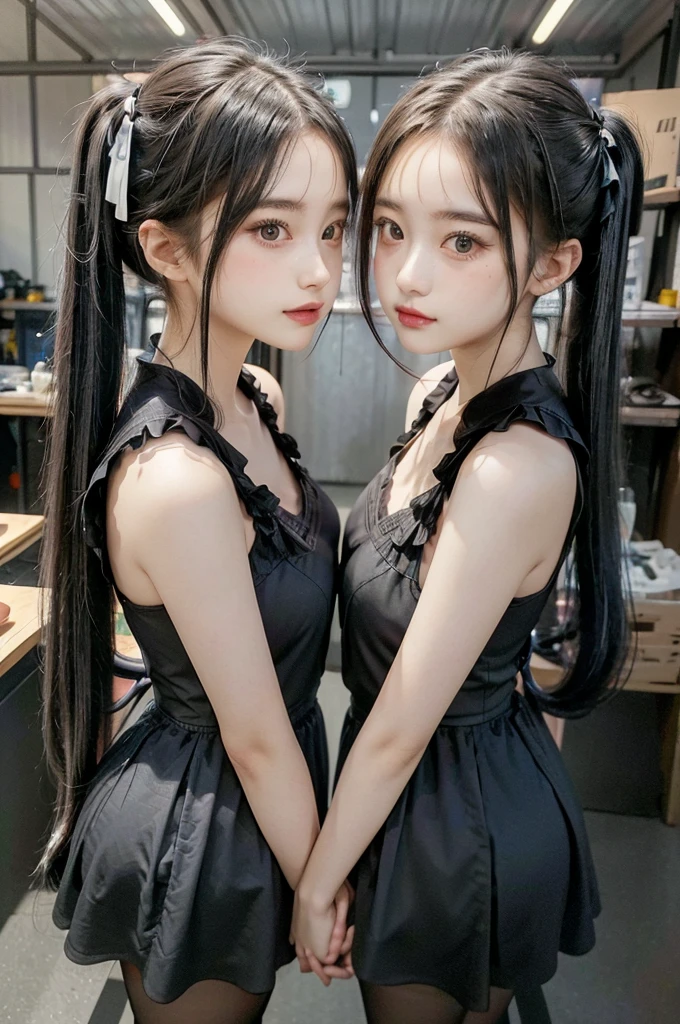 Two girls in black and white dresses posing for photo, beautiful gemini portrait, two beautiful anime girls, black pigtails, beautiful science fiction twins, twin tails, trending on cgstation, twin tails hairstyle, beautiful gemini, , Trending on cgstation, wlop and sakimichan, Gwaites style artwork,full body