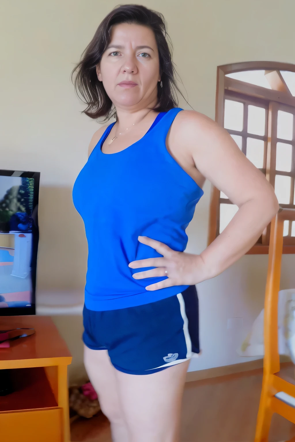 there is a woman standing in front of a television in a living room, short sports shorts and tight, short dark blue shorts, wearing a blue tank top and tight, short shorts, t-shirt and sports shorts, wearing a t-shirt and tight, short shorts, wearing equipment gym, in short shorts, dressed in a top and shorts, short blue shorts, 35-year-old Brazilian mother using gym equipment, fitness body. Full body photo in high resolution and high quality, 8k.