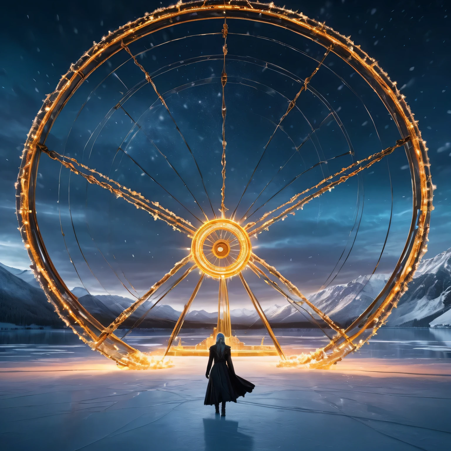 HD wallpapers, A huge geometric volume composed of glowing arcs and metal light chains on the frozen lake, Movie poster style and HD top view photography, game of thrones style, Unpleasant, fear, scary look, ultra high definition, 8K resolution, balance, High Dynamic Range Color, emphasize