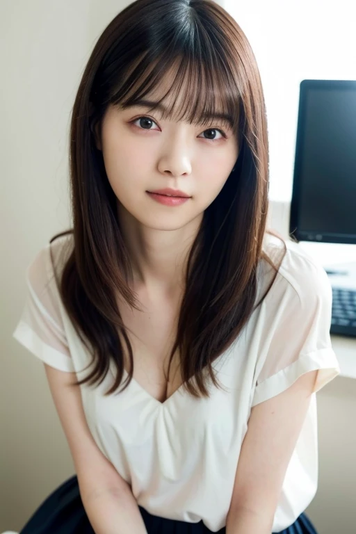 masterpiece、highest quality, 16k, girl, 36 years old, Raw photo, professional photography, portrait, late night office,dark lighting、 Pale pale contrast、professional lighting, alone, sitting in front of the computer、smile, close, cute, girly, goddess, 繊細なgirl, pure beauty, Digital single-lens reflex camera, avert your eyes, Frank, Sophisticated, film grain, (Eye and face details:1.0), long hair swaying in the wind, bangs, (A loose white see-through blouse、Vneck、No sleeve)、navy pleated skirt、smooth and beautiful thighs、beautiful feet、(big breasts:1.3)、(deep cleavage:1.3)、cute吊り目、