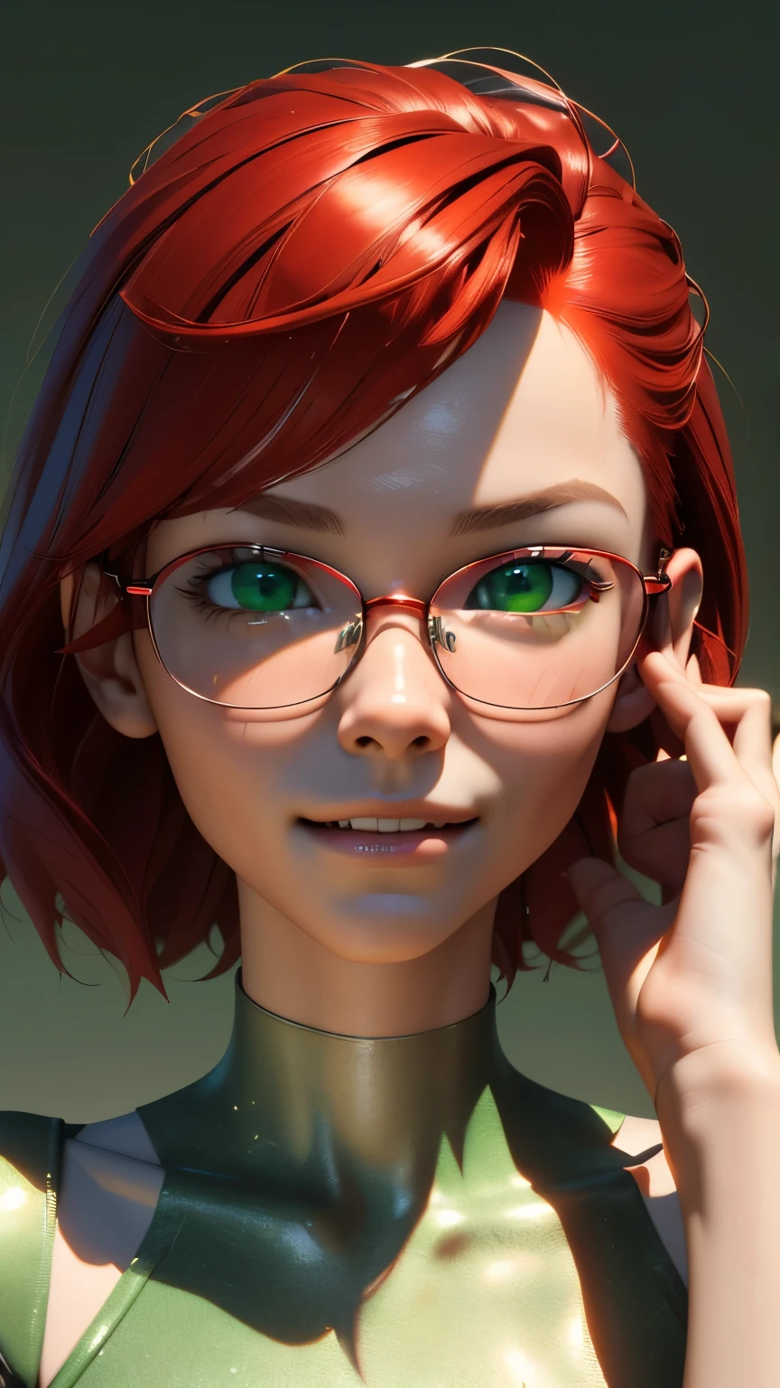 (ultra realistic, Best quality, masterpiece, perfect face) short, Red hair, green eyes, metal frame glasses smile, cute 15 years old, middle , flirting on camera. photorealism. unreal engine. 3D model. Ultra high quality textures. 8k resolution