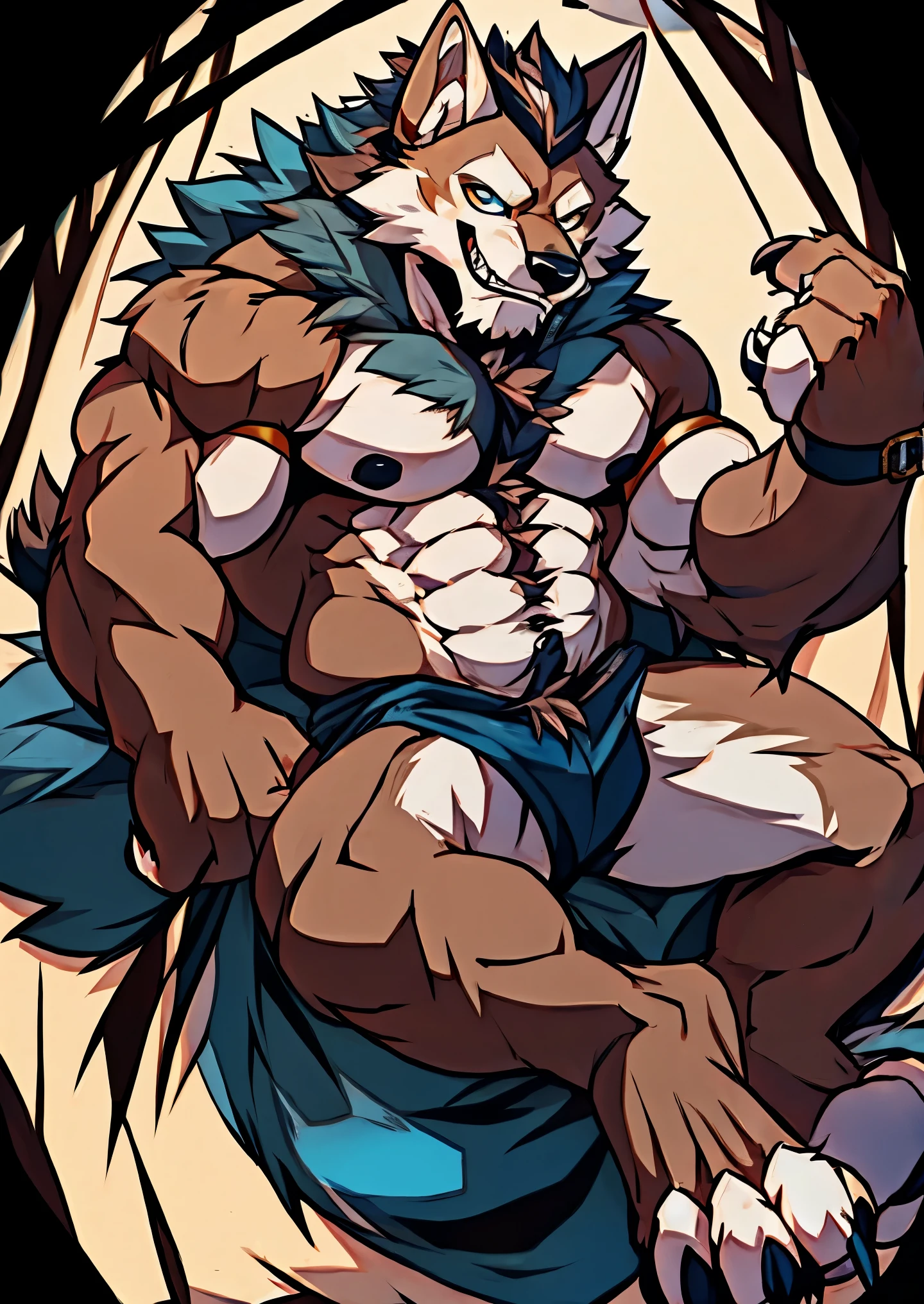 Human-wolf,musculous,Hairy all over,clawed paws,erect through