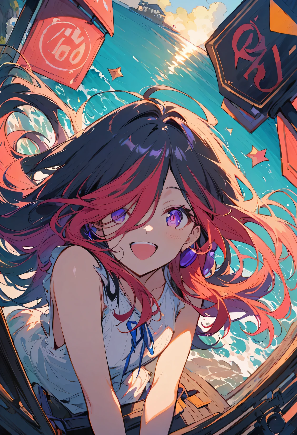 Uta (piece), oDa Eiichiro,, , 1 girl, :D, 瀏Ocean, blue ribbon, DiamonD-shapeD pupils, DiamonD (shape), hair between eyes, heaDphones, long hair, multicoloreD hair, open mouth, purple eyes, reD hair, ribbon, shirt, sign, sleeveless, sleeveless shirt, Smile, alone, ((Colored hair)), symbol-shapeD pupils, white hair, white shirt, Ocean, one eye covereD, watercolor,, 