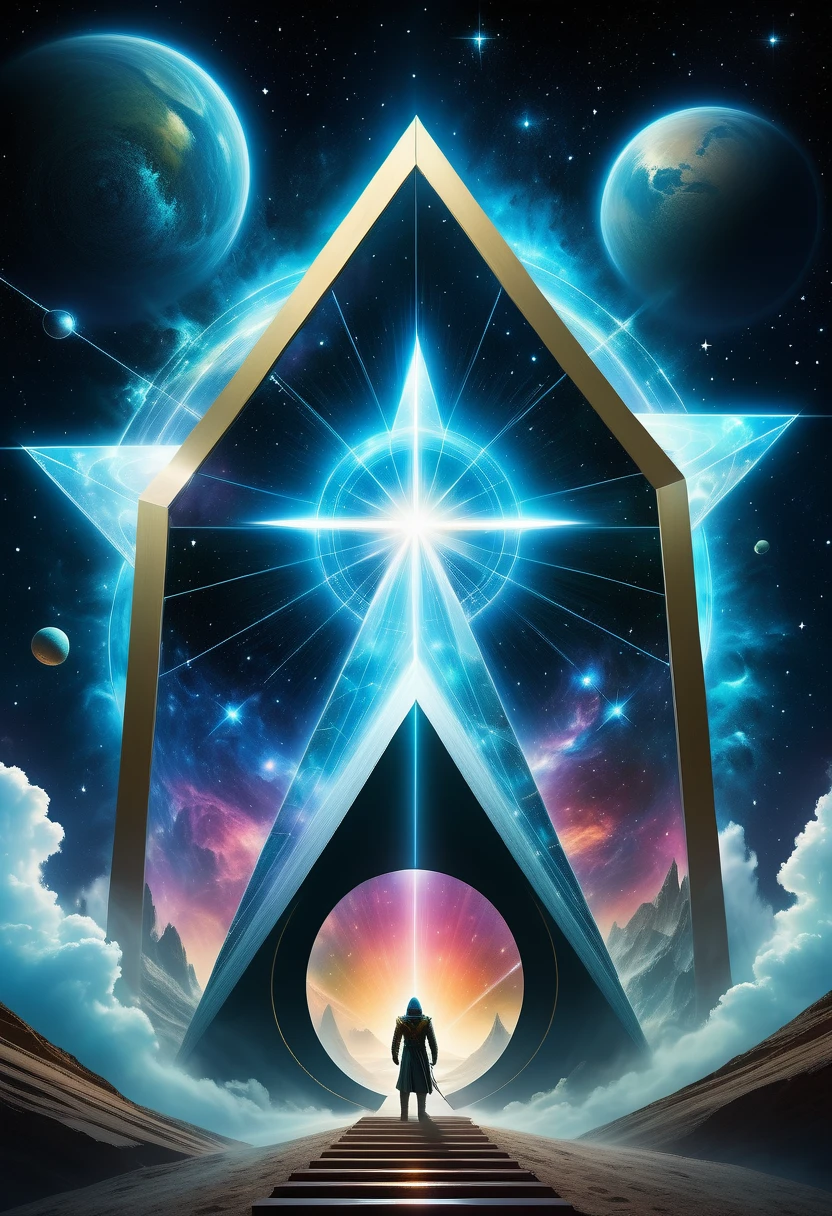 Giant triangle cybernetics，Magnificent cosmic starry sky background，Intricate illustration in surreal art style，surreal dream，Dubrec style，Transparent geometric shape close-up，（multiple exposure：1.8），A man stood in the doorway，Alphad&#39;s image with a star in the sky, Entering the ethereal realm, A portal to another universe, The gateway to the ethereal realm, artgem and beeple masterpiece, portal to another dimension, futuristic stargate, door to universe, Movie Bee, Jessica Rossier Fantasy Art