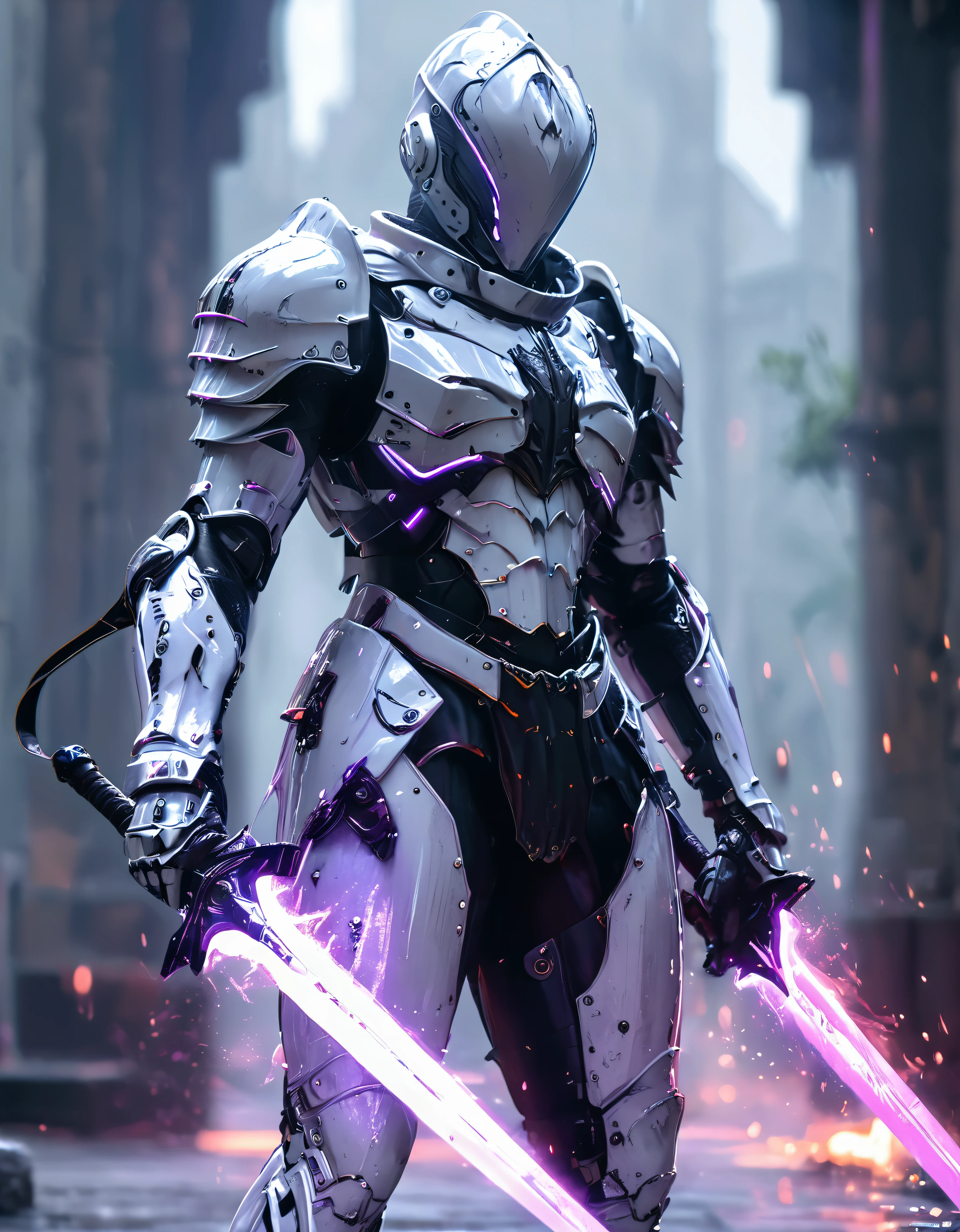 a person swinging a sword in a fight, city, concept art by Yang J, trending on Artstation, fantasy art, from arknights, glowing purple lightning blade, style of raymond swanland, anime concept hdr anime macmanus, trending on artstation:3, death knight, genji, arknights, reaper from overwatch, king of time reaper, (Dragon Guard  ARM, GLOVES), (white, BLACK), (MECHA CYBER  SHINY ARMORED SUIT, A PAIR MECHANICAL ARMOR:1.4), motion blur, ground destroyed