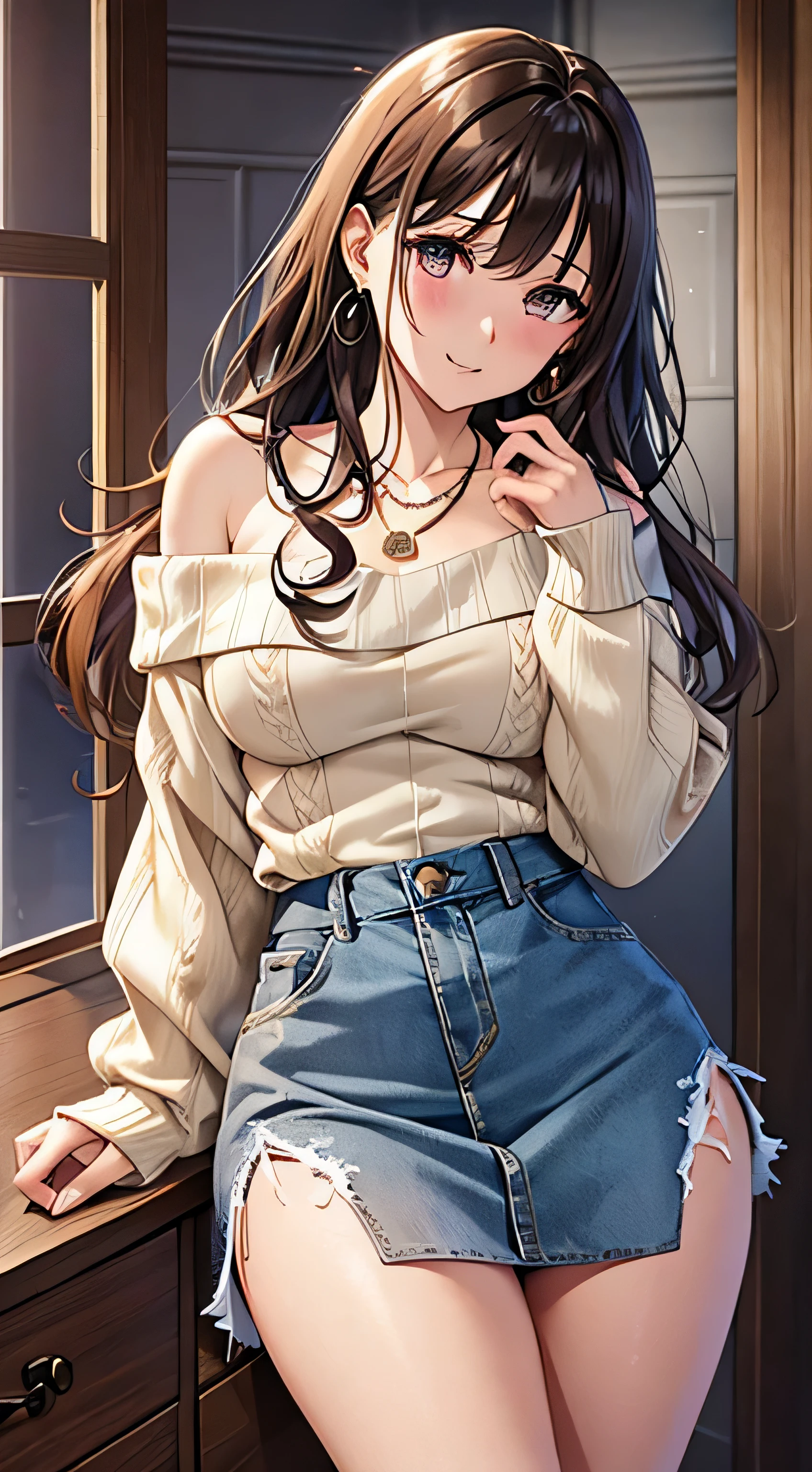 (table top, highest quality, High resolution, , perfect pixel, 4k,), 1 girl, single, alone, Beautiful woman、I could see the whole body、 ((wavy middle hair, bangs, brown hair)), ((brown eyes, beautiful eyelashes, realistic eyes)), ((detailed face, blush:1.2)), ((smooth texture:0.75, realistic texture:0.65, realistic:1.1, Anime CG style)), medium breasts, dynamic angle, perfect body, ((, beige off shoulder sweater、Tight denim skirt、black stockings、cute necklace、earrings、)), upper grade、shy smile、university campus、Gravure Idol Sexy Pose、angle from below、Bring your arms together to emphasize your chest、、Pink lace panties are visible、