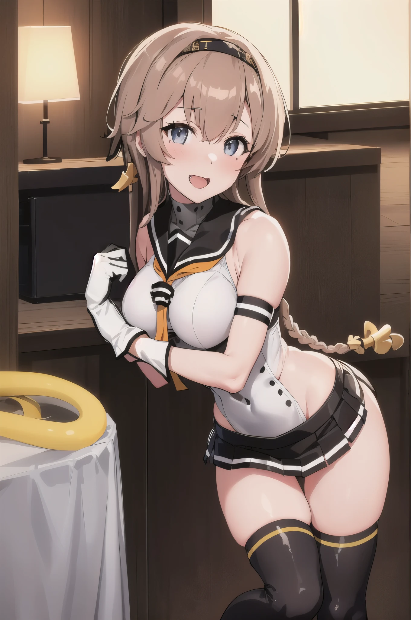 (masterpiece, highest quality:1.4), (Super detailed:1.2), {figure,picturesque}, {studio light, picturesque}, [best shadow],
(KonishiCSA)_(ShizumaCSA)_(HoshiakariCSA), (Alpha CDE)_(Gamma CDE),
break
(perfect anatomy), (symmetrical eyes, Super detailed eyes, beautiful eyes), (sharp eyeliner, Super detailed face, beautiful face), (gray eyes),
break
nice hands, perfect hands, By Guido Daniele,
break
1girl, alone,
break
TeruzukiKC, (Teruzuki) uniform, ((black) hachimaki), ((propeller) hair ornaments), (black) sailor collar, (yellow) neckerchief, ((colorful) gloves, (white) gloves, (black) gloves:1.25), (black) pleated skirt, ((white) knee high:1.3), (short sleeve) serafuku, (gray) corset, mini skirt, (white and black) gloves,
break
looking at viewer, cowboy shot, facing the viewer, smile, open your mouth, blush, (indoor, office, living room),
break
