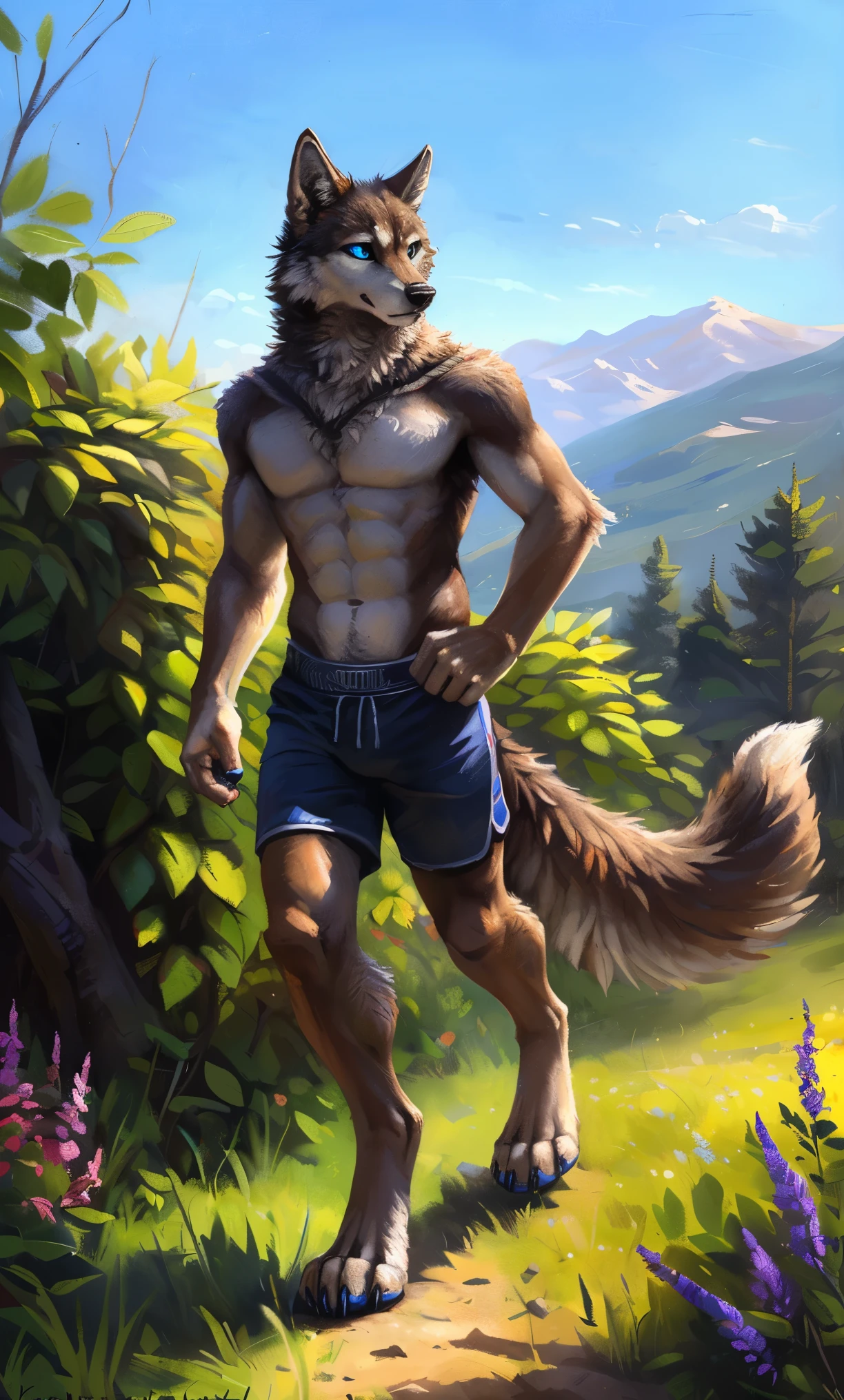 ((Solo)), male people, anthro wolf, (Multi-colored fur, White-brown:1.3,White tail pointed), (Height 2.1m,Tail length 1.2m), ((Wolf face, Big eyes, White eyelids, Blue pupil, Slim:1.2) (Tough, Calm expression:1.2)), Abs, Slim, pinging)), (Correct anatomy), (Work shorts:1.1), The upper body naked, (detailed outfits),A long big tail,Feet,(Realistic fur, Detailed fur texture, labeled:1.3)), (Natural lighting), Photorealistic, Hyperrealistic, ultradetailed, by Kenket,in a flowering shrubs,erect through,Running on