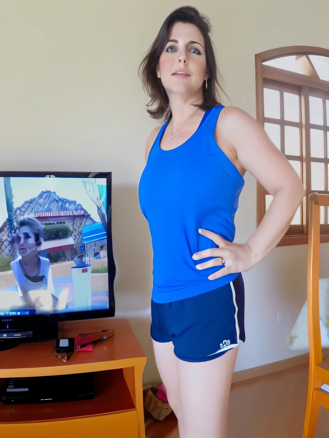 there is a woman standing in front of a television in a living room, short sports shorts and tight, short dark blue shorts, wearing a blue tank top and tight, short shorts, t-shirt and sports shorts, wearing a t-shirt and tight, short shorts, wearing equipment gym, in short shorts, dressed in a top and shorts, short blue shorts, 35-year-old Brazilian mother using gym equipment, fitness body. Full body photo in high resolution and high quality, 8k.