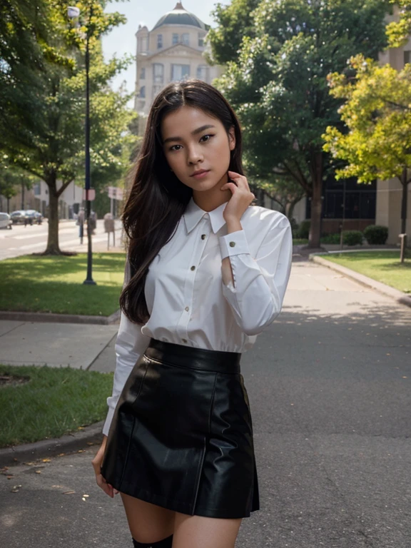 14 year old filipino girl taking photos in uniform, taken with canon eos r 6 camera, university background. Elegant black suit and skirt. The girl wears a black suit, a white shirt and a black skirt, she wears long black leather lace-up shoes. She emphasizes the classic style. The images are of the highest quality (best quality, 8K resolution, high resolution, nffsw:1.2). It provides extremely detailed and photorealistic visual effects. This scene features special effects reminiscent of the TV legal series "Suits", creating a dynamic and lively atmosphere. Around the girl are various symbols and elements that represent elegance, wealth and classic style Lighting: Highlight the unique, uniformly created to bring out the vibrant colors of the artwork. Composition: Capture the enthusiasm and creativity of a girl posing for the perfect photo on a modern street near a city park.
