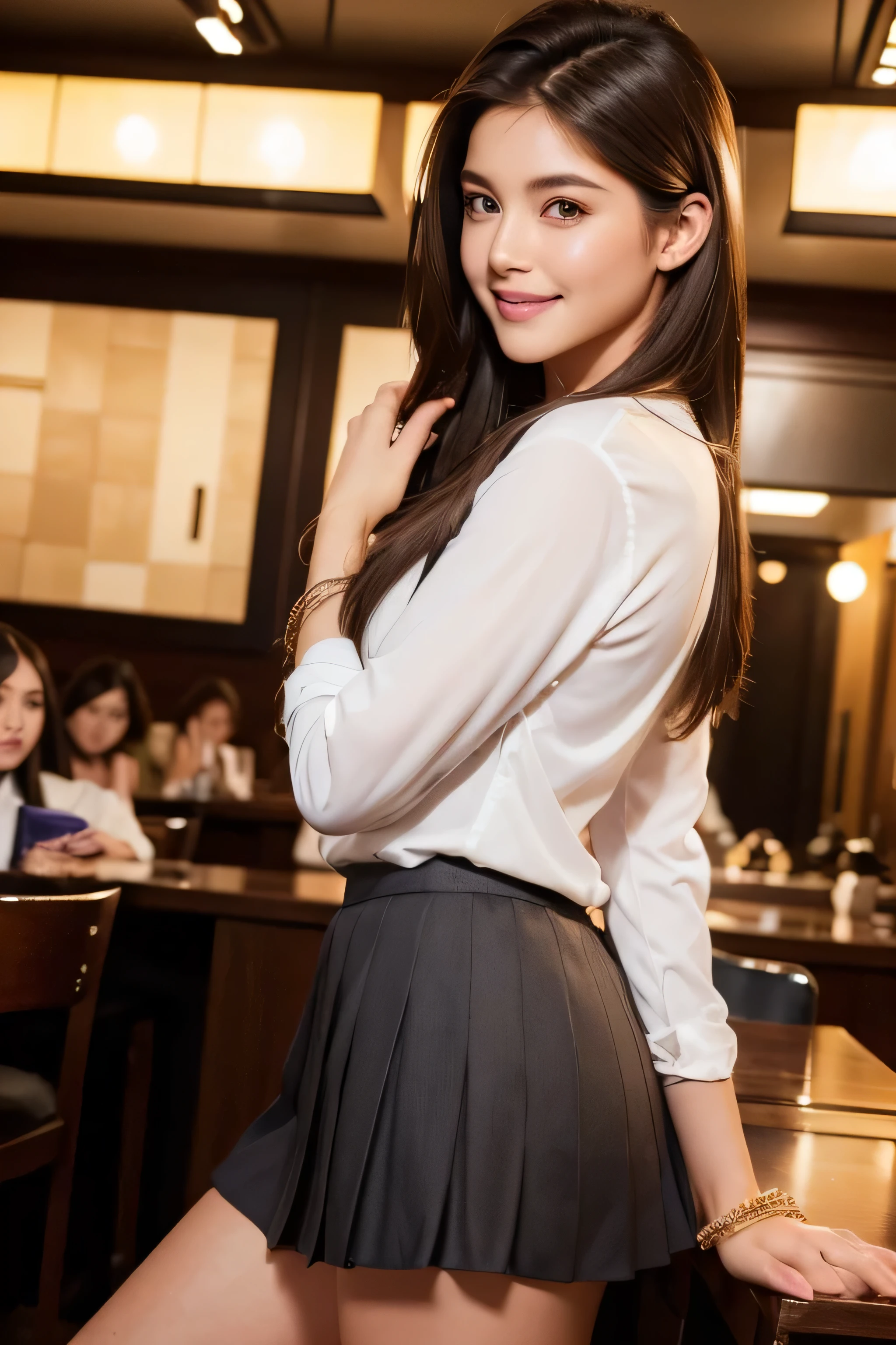 ((full figure supermodel standing, entire body in frame))、full bodyshot,complex set, wearing sluty school girl uniform, jewelry, parted lips, lips, from side, pleated skirt , intricate details. from the front, high intricate details, hand jewelry model pictures, close portrait, complex beauty, side view intricate details, masterpiece, 最high quality, high quality, High resolution, beautiful face、(realistic face)、realistic eyes、beautiful detailed eyes、realistic skin、beautiful skin、Super realistic、very detailed、beautiful lighting、sharp focus、various poses、超detailed face、fine aiole hair、brown hair、long hair、beautiful hairstyle、detailed face、In a crowded café at dusk、((shy smile:1.3)),