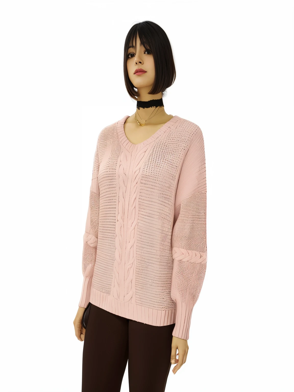 beautiful woman wearing a pink sweater and brown pants, mais tamanho, tamanho grande, mais tamanho woman, mangas volumosas, assunto completo mostrado na foto, mangas bufantes, mulher baixa e robusta, com tons suaves de rosa, catalog photo, look vintage, luz rosa, rosa pastel, dólmã, 9 0 - s, foto do produto, roupas rosa
