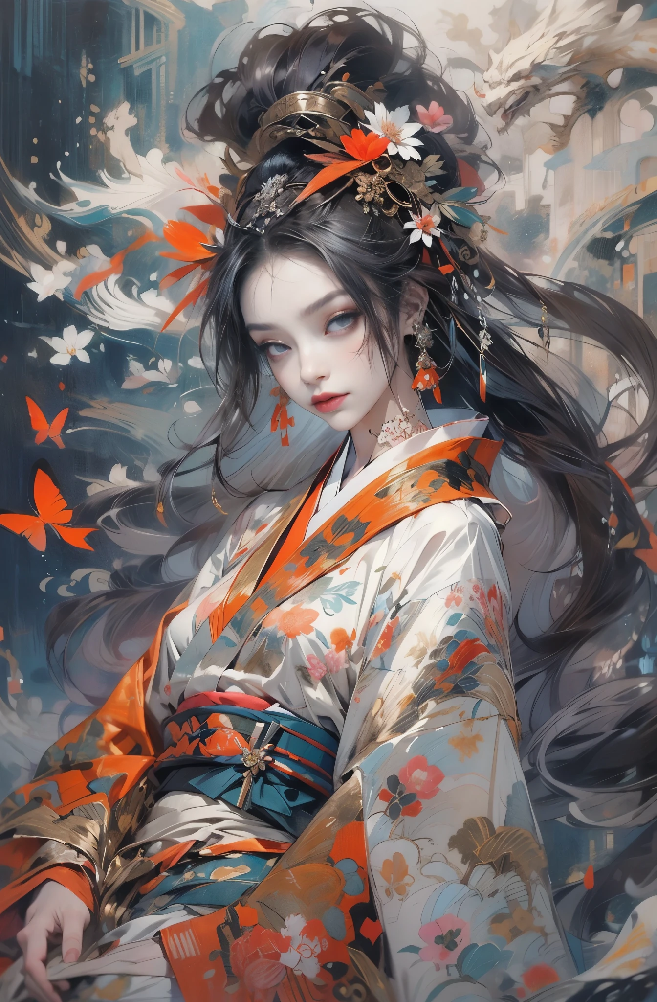 Beautiful demon painting, SakuraFubuki, Senbonzakura, Cherry blossoms scattered in the wind, Zeami, Big Yokai, Low exposure, Queen of the Monsters, empress of fear, queen of hell, Six Paths of Reincarnation, Beauty of the Leaning Country, beautiful black haired devil, Beautiful red make-up, white face, nine tailed fox, she looks 27 years old, Dream of a butterfly, Sharp beauty, Bewitching, Chinese peony, peony, lily flower, Beautiful red kimono, Oiran, The highest ranking prostitute, Hundred flowers in abundance, flower of slaughter, Female Yakuza, ruler of the red light district, Beautiful and expressive paintings, Beautiful artwork illustration, wonderful, cool beauty, clear, Muromachi Fantasy, Mysterious, highest quality, official art, perfect composition, perfect angle, best shot, women only, sharp outline, pretty much beautiful face, very beautiful and detailed eyes, beautiful and delicate eyes, demon of kyoto, Lord of Demon Charms, Cold-hearted demon woman, phantom, Hyakki Night Line, Shura Road, Female Yakuza, full body tattoo, underworld, diamond, Rashomon, Gion Seisha, Snow Moon Wind Flowers, The action is permanent, Under the light of the meteor, flying flowers and fallen leaves, Dream Bubble, Close-up: Ultra-detailed paintings inspired by WLOP, art station trends, fantasy art, A complicated mess, The art of hitting, wallop art, WLOP |, wallop style, beautiful character drawings, Wlop painting style, WLOP | germ of art, Unparalleled Beauty Tumbler, figurative art, intense watercolor, watercolor detailed art, watercolor splash, surreal, avant-garde pop art, Beautiful and expressive paintings, Beautiful artwork illustration, very colorful tones, wonderful, cool beauty, masterpiece, highest quality, official art, women only, sharp outline, best shot, vector art, Written by Sandra Chevrier, dave mckean、By Richard Avedon、Written by Makiezi Kusiala, luminous design