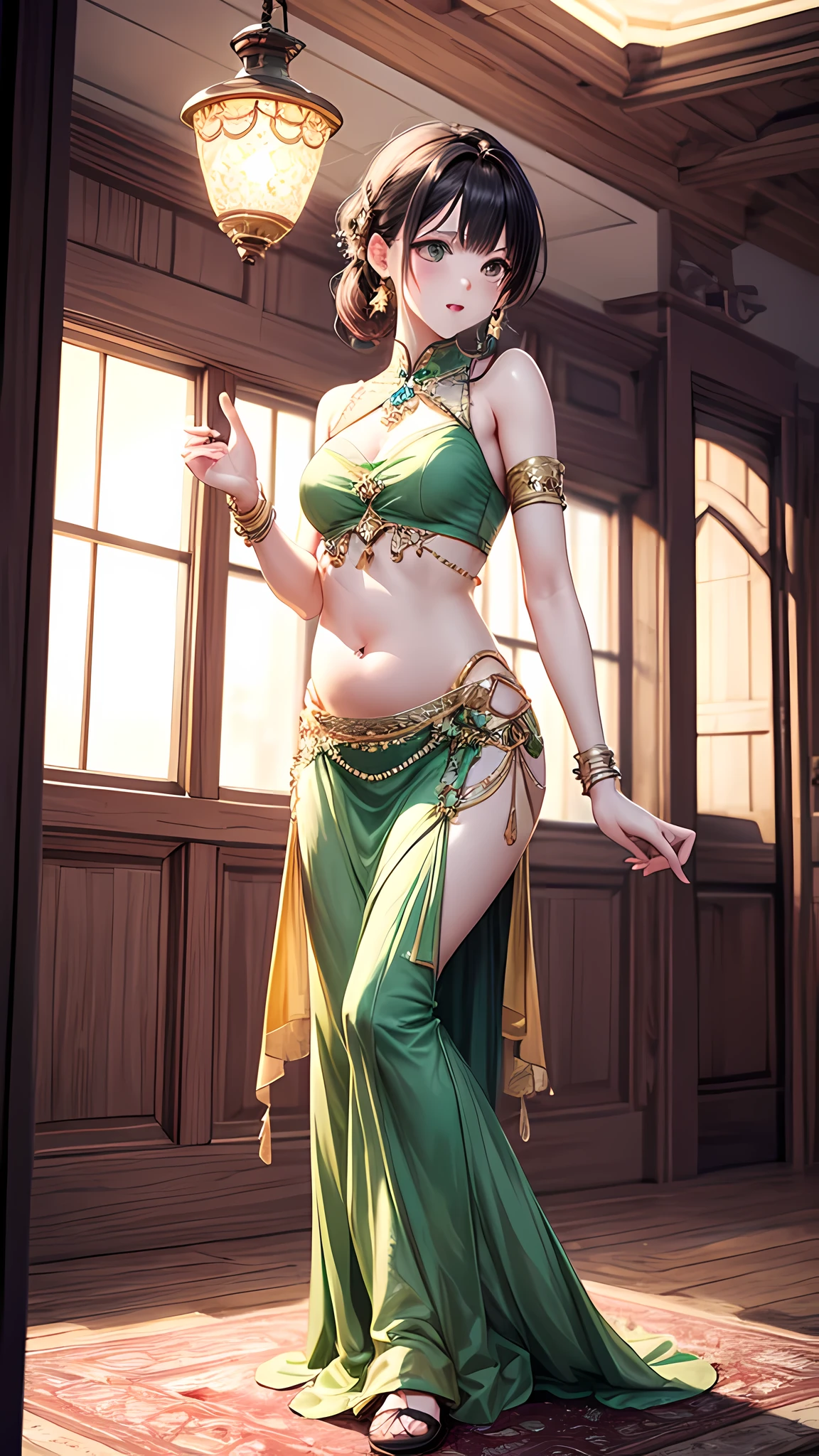 Filming location、It's an indoor belly dance performance named after a beautiful actress in her 20s.。
realistic、realistic and ultra-detailed finish、Create a highly detailed CG Unity 8K wallpaper。
The model is slender and cute.、good style、green eyes、small nose、 size。There is also a mature atmosphere.。
her characteristics are、、Hairstyle Up Styling、A slightly brighter and softer trendy hair color。
The model's skin type is delicate、Pay attention to the fine details and the softness of the hair.。
Please use a full body camera angle。
Fashion style is、、Wearing a belly dance costume。