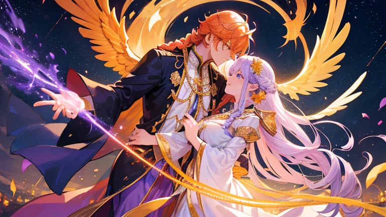handsome boy, orange hair, different eye colors, royal clothes, gold wings, chrysanthemums, anime 8k resolution, skybeutiful girl, light purple hair, long braid hair, galaxy, royal clothes, star, night sky, couple, romantic pose, huge