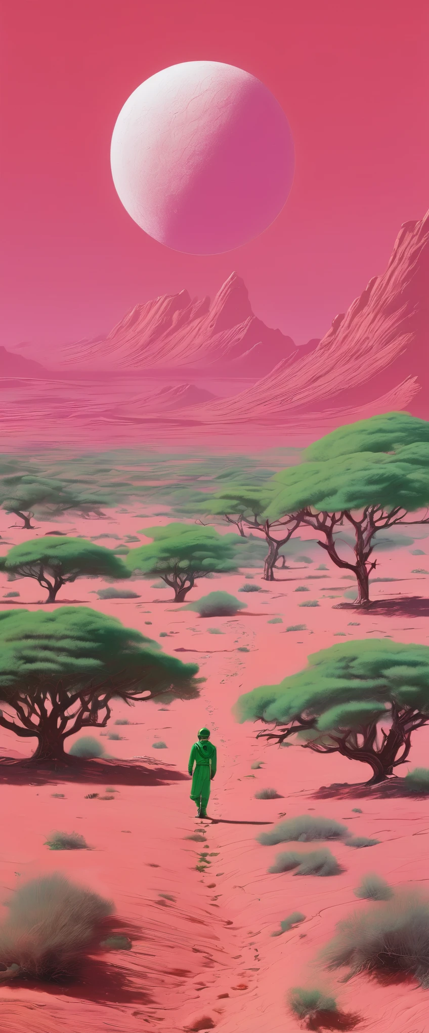 Main colors: pink, green and white,Chesley Bonestell's style,Depicting an adventurer wandering an alien desert under the light of a giant ,moon,The screen contains dynamic elements,Like flying dust、Distant alien plants and strange objects in the sky,Use wide-angle viewing to create immersion,Stylish with Charles Dana Gibson。minimalist,Graphical,Oriental Wonders,galaxy,universe space