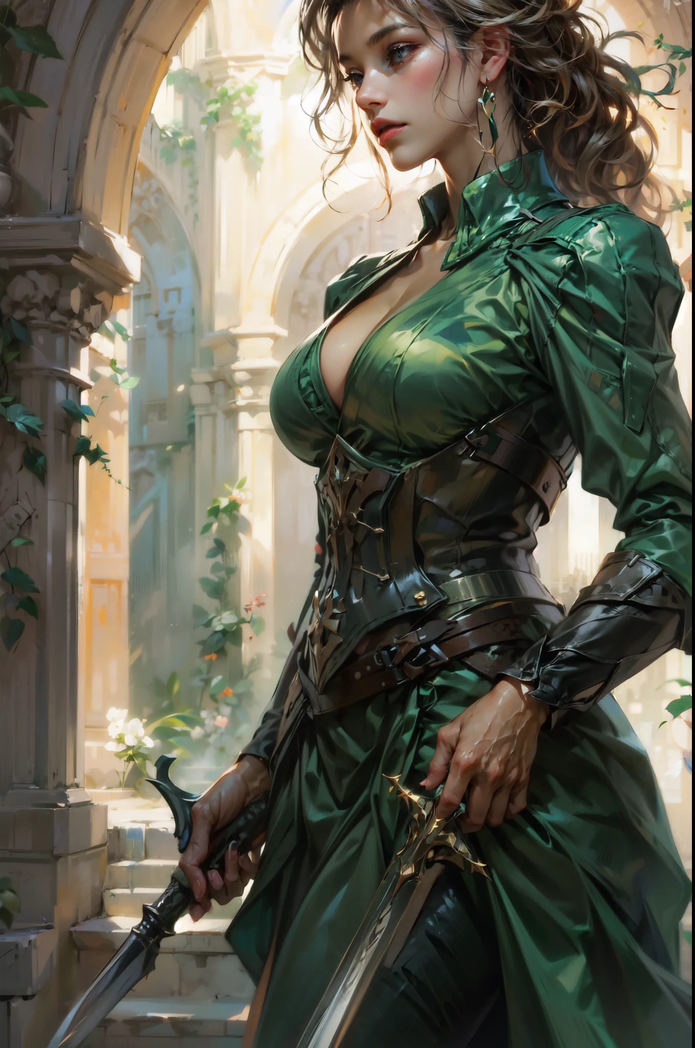 2090 image style, young woman, short hair, green hair with blue highlights, realistic style, cleavage, biomechanical style, sword in hand, smile on face, Cyberpunk girl, long straight hair, beautiful Latina, full body, hyper realistic, cinematic, HR Giger style, wonderful eyes
