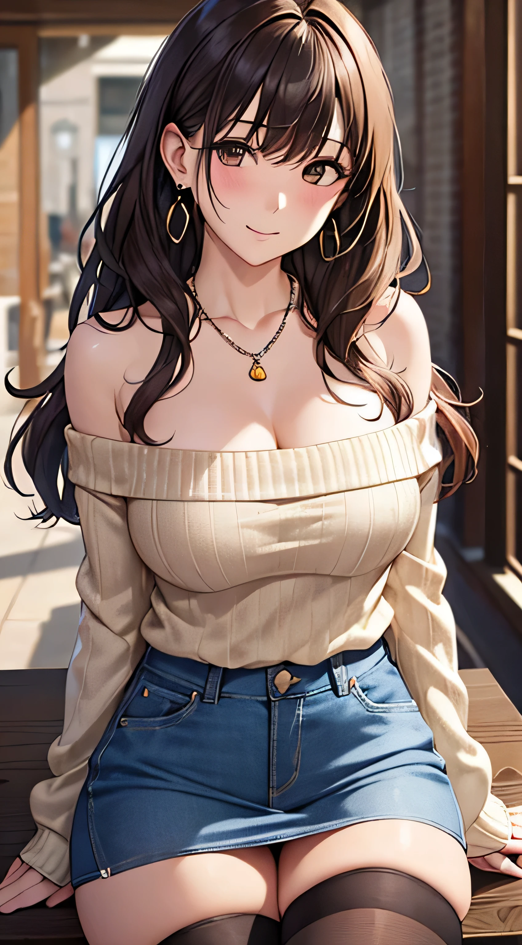 (table top, highest quality, High resolution, , perfect pixel, 4k,), 1 girl, single, alone, Beautiful woman、I could see the whole body、 ((wavy middle hair, bangs, brown hair)), ((brown eyes, beautiful eyelashes, realistic eyes)), ((detailed face, blush:1.2)), ((smooth texture:0.75, realistic texture:0.65, realistic:1.1, Anime CG style)), medium breasts, dynamic angle, perfect body, ((, beige off shoulder sweater、Tight denim skirt、black stockings、cute necklace、earrings、)), upper grade、shy smile、university campus、Gravure Idol Sexy Pose、angle from below、Bring your arms together to emphasize your chest、、Pink lace panties are visible、