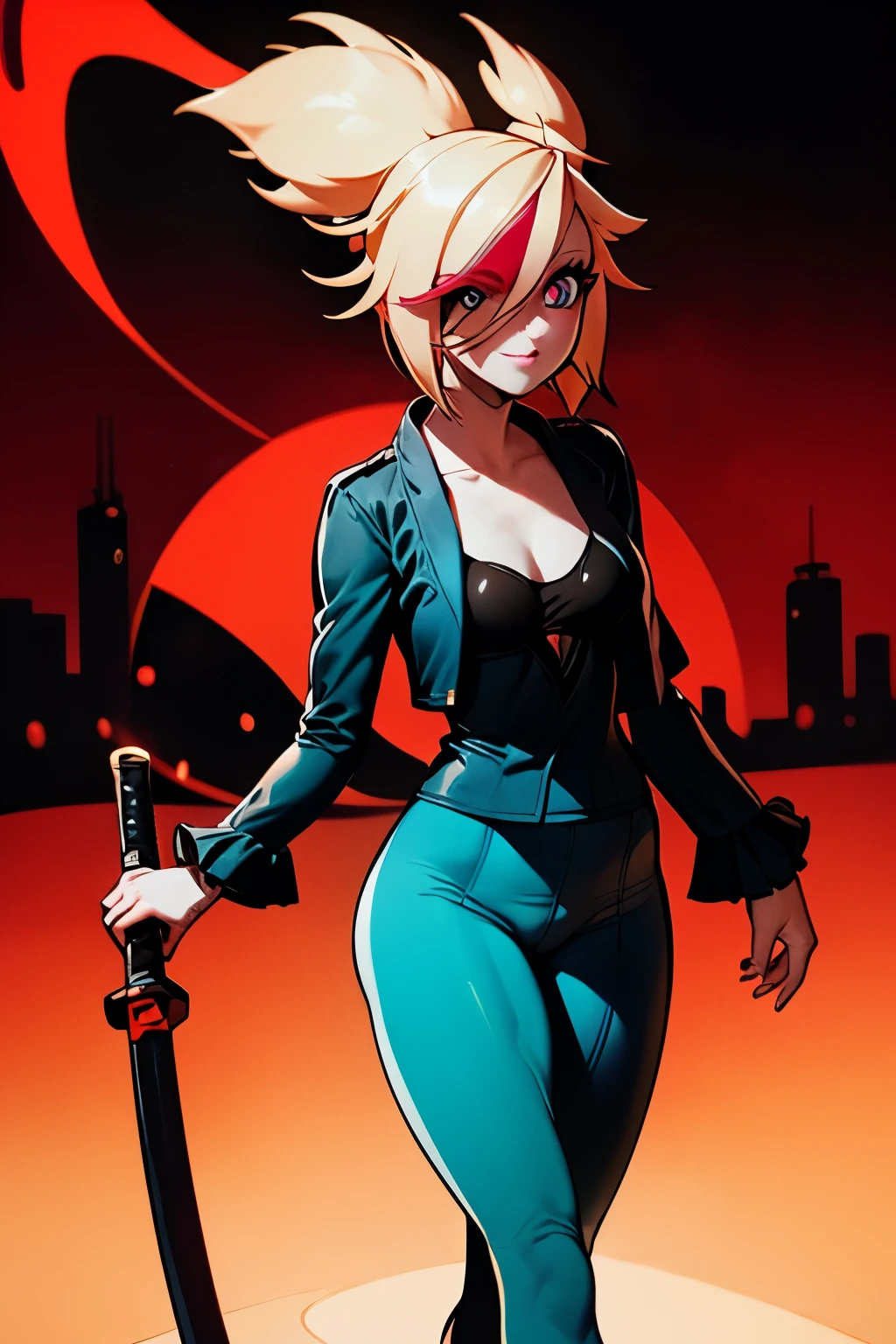 Woman, walking in the streets, night city, catwalking, elegant walking, ultra long hair, ultra detailed face, better lips, better eyelashes, sharp eyes, glowing eyes,eye eno revoriah ,lrig suoegrog ,, simple Kunoichi suit, legs, holding down a katana, simple smile, expressive, Dark suit Kitana's outfit from MKII, , night city scapes, ultra detailed city, Fullbody shot, prepotent and confident walk 