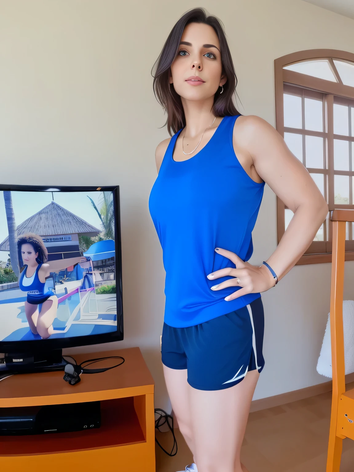 there is a woman standing in front of a television in a living room, short sports shorts and tight, short dark blue shorts, wearing a blue tank top and tight, short shorts, t-shirt and sports shorts, wearing a t-shirt and tight, short shorts, wearing equipment gym, in short shorts, dressed in a top and shorts, short blue shorts, 35-year-old Brazilian mother using gym equipment, fitness body. Full body photo in high resolution and high quality, 8k.