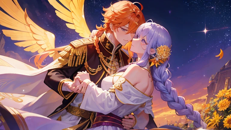 handsome boy, orange hair, different eye colors, royal clothes, gold wings, chrysanthemums, anime 8k resolution, skybeutiful girl, light purple hair, long braid hair, galaxy, royal clothes, star, night sky, couple, romantic pose, huge