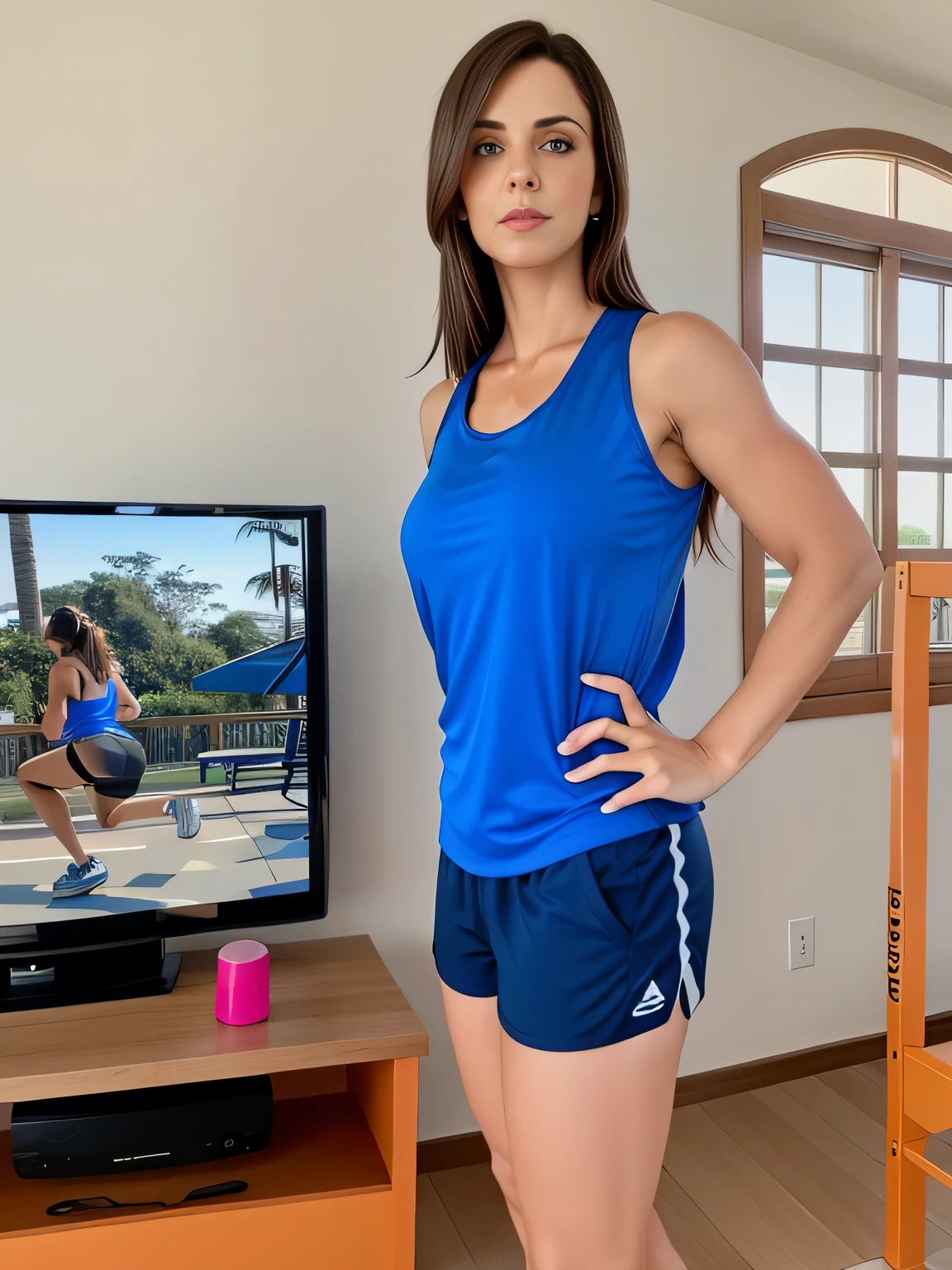 there is a woman standing in front of a television in a living room, short sports shorts and tight, short dark blue shorts, wearing a blue tank top and tight, short shorts, t-shirt and sports shorts, wearing a t-shirt and tight, short shorts, wearing equipment gym, in short shorts, dressed in a top and shorts, short blue shorts, 35-year-old Brazilian mother using gym equipment, fitness body. Full body photo in high resolution and high quality, 8k.