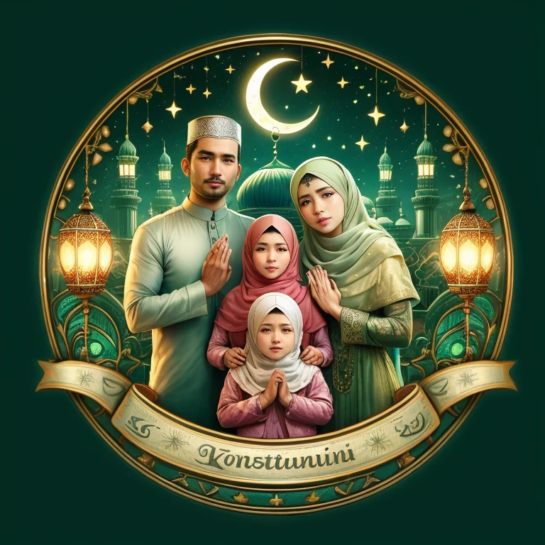Realistic 3D, muslim family
Indonesia, 36 year old man, 30 year old woman, 6 year old girl, 1 person with hijab, 3 year old  with hijab, namaste hand position. on the circle
Eid al-Fitr theme includes pictures of mosques,
lanterns and moon stars, diamonds, on ribbons
At the bottom there is the inscription "Konstantin 
Family" written under it was a black light
with spots. Realistic 3D. Details.
HD. Clear. light green gradient background
and dark green