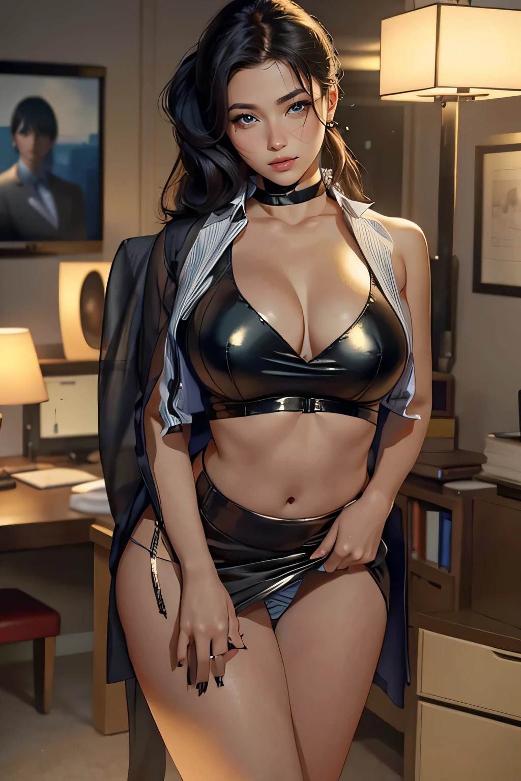 Office lady around 20 years old, (gracefully proportioned body shape), (fitted skirt), (high heels), (bob hair), (garter stockings with anklet), (spread legs), (subtle and elegant light makeup), Delicate and beautiful fair skin, Detailed facial description with double beautiful eyes, gentle eyes that sparkle with youth and innocence, portraying the stunning beauty of a young, adorable Japanese woman, a beautiful portrait capturing her captivating charm and allure. (8K, top-quality, masterpiece: 1.2), (realistic and photorealistic: 1.37), (office att