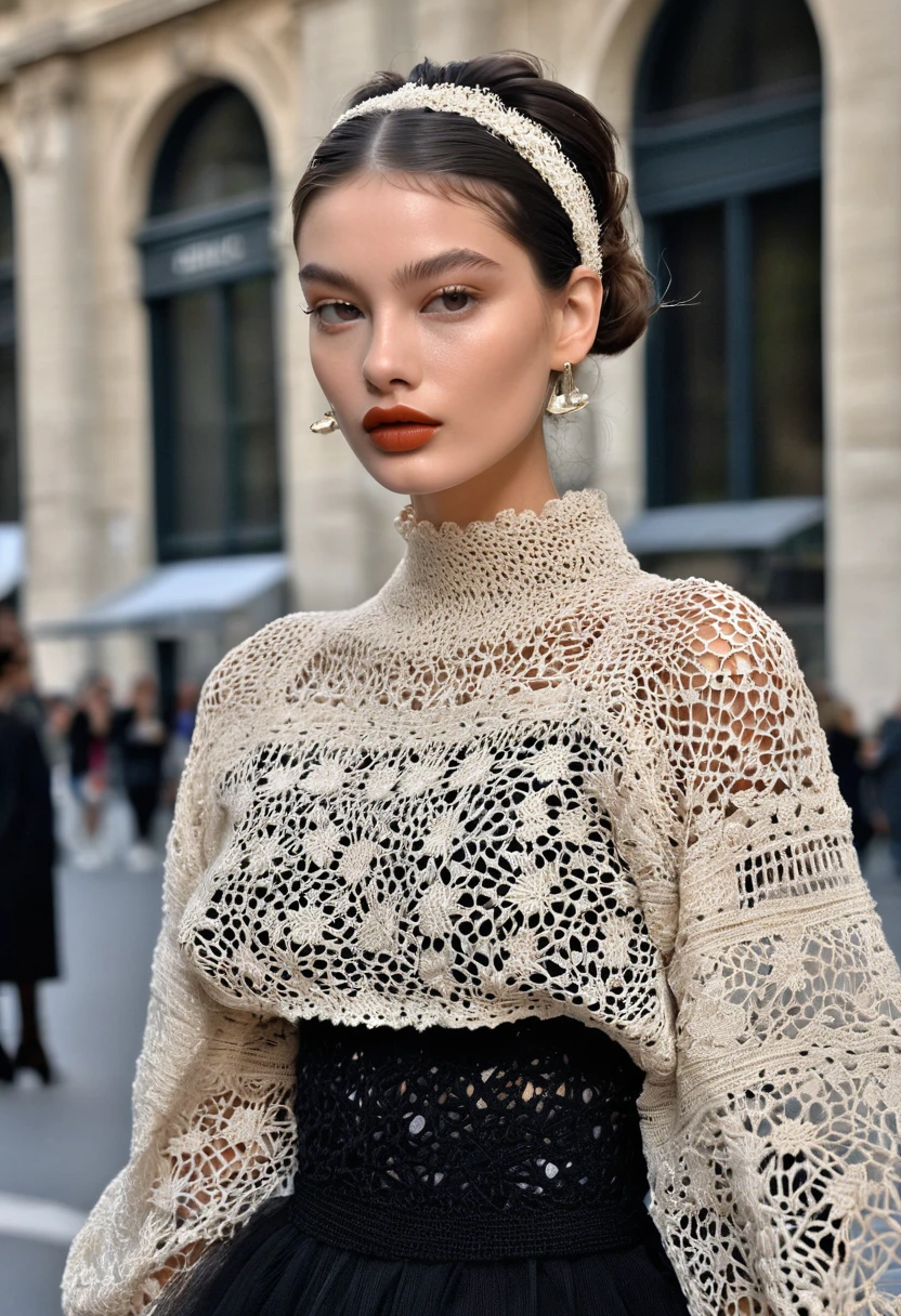(((Masterpiece))), (top quality)), (((super detail))), professional, Paris Collection, Fashion Week, street snapshot , full length photo, French model, full lips with beige lipstick, small nose, tall and thin, very black crochet voluminous large top, large dolman sleeves, wearing voluminous tulle skirt of black, art station, ultra realistic, realistic, full color
