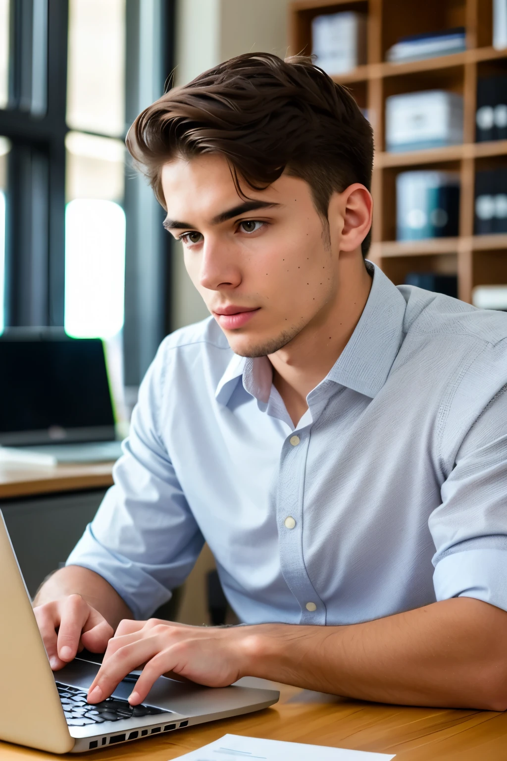 Detailed young man intently working on his laptop at his desk, highly focused, 19 years old, sharp features, short brown hair, brown eyes, high resolution, masterpiece, best quality, intricate details, sharp focus, realistic skin texture, texture, detailed facial expressions, professional, 4k, intensity in his gaze, shot on MacBook Pro, 27 inches, narrow depth of field, realistic style, photography, 1080p HD, productivity, focused work environment, technology.