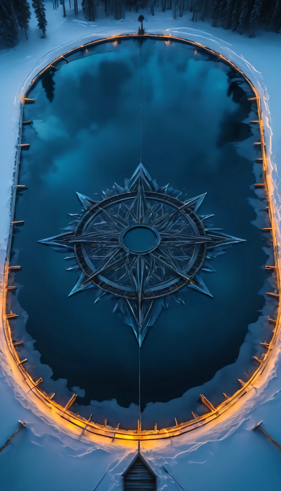 HD wallpapers, A huge geometric volume composed of glowing arcs and metal light chains on the frozen lake, Movie poster style and HD top view photography, game of thrones style, Unpleasant, fear, scary look, ultra high definition, 8K resolution, balance, High Dynamic Range Color, emphasize